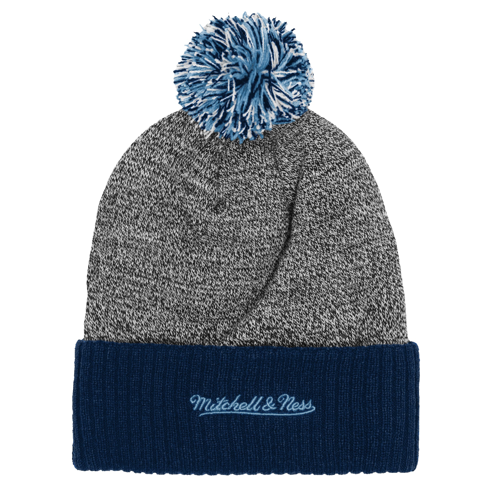Bonnet à revers Mitchell & Ness bleu marine avec pompon, à l'effigie de la mascotte des Tar Heels de Caroline du Nord.