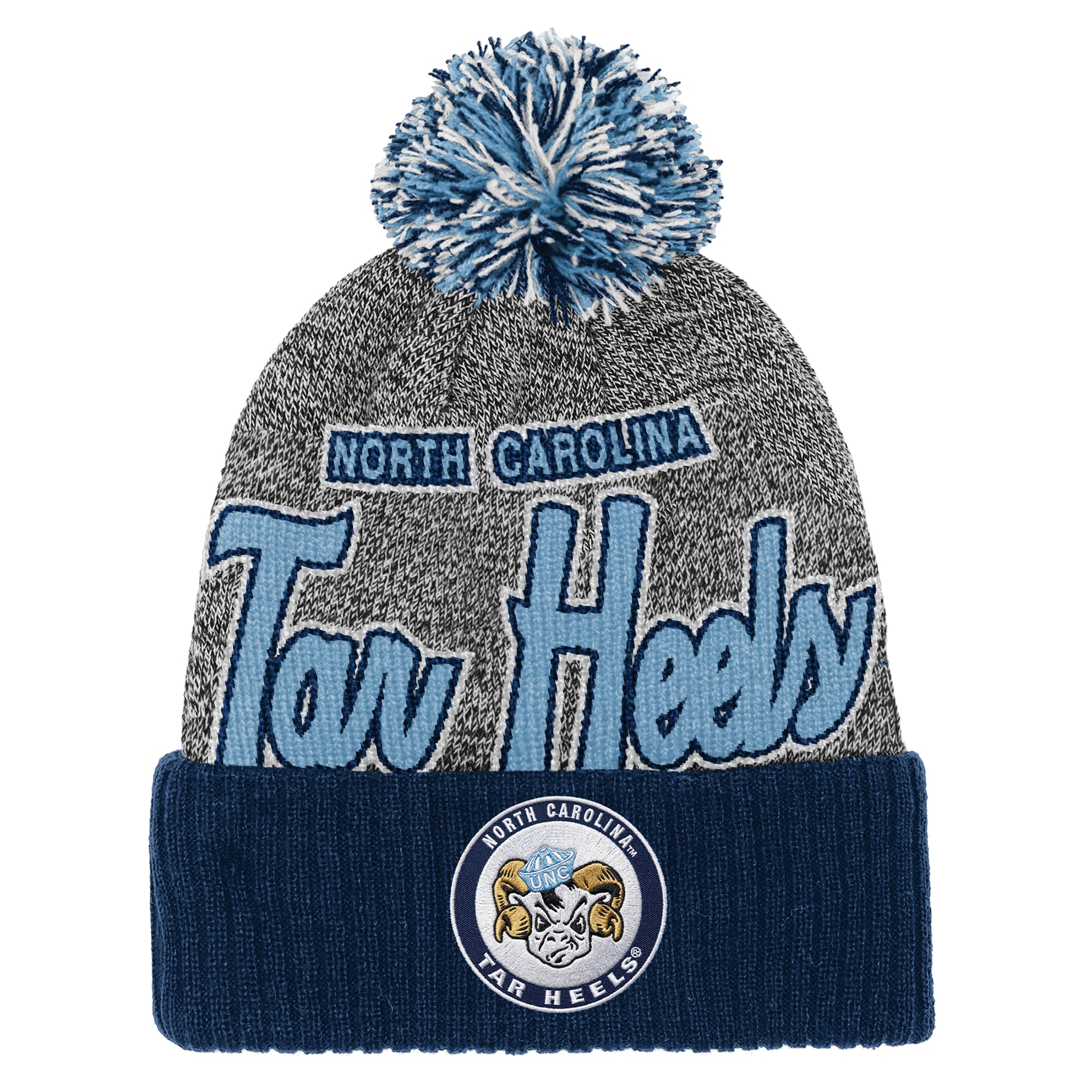 Bonnet à revers Mitchell & Ness bleu marine avec pompon, à l'effigie de la mascotte des Tar Heels de Caroline du Nord.