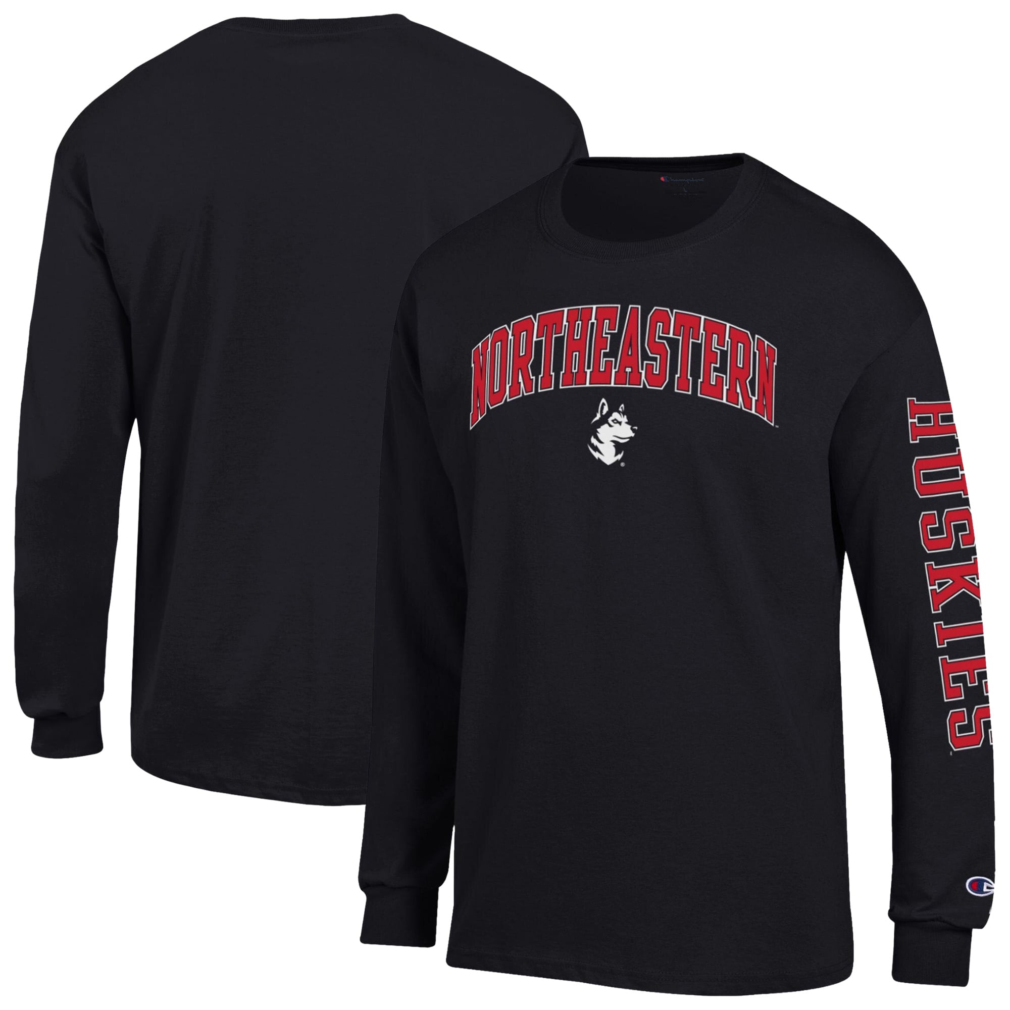 T-shirt à manches longues Champion noir pour homme avec logo Arch des Northeastern Huskies