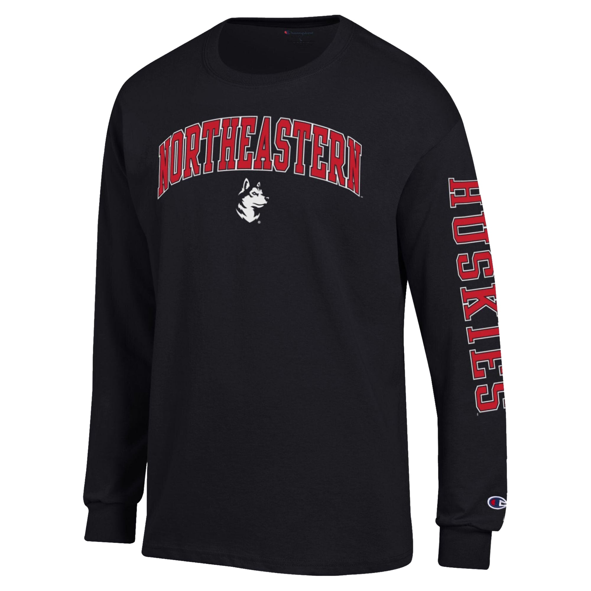T-shirt à manches longues Champion noir pour homme avec logo Arch des Northeastern Huskies