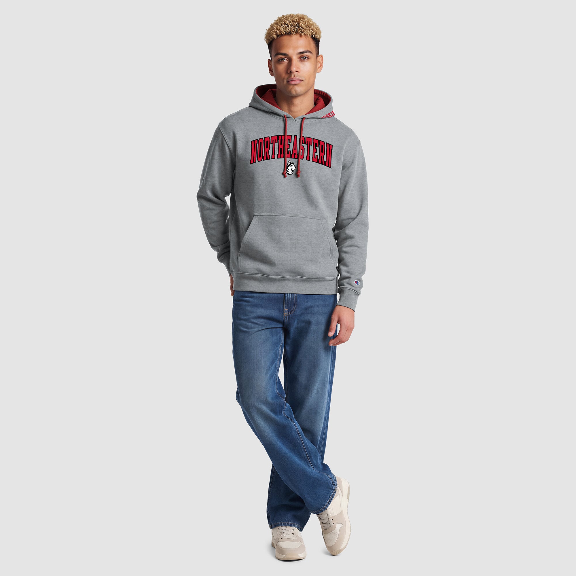 Men's Champion Heather Gray/Red Northeastern Huskies Contrast Hoodie
