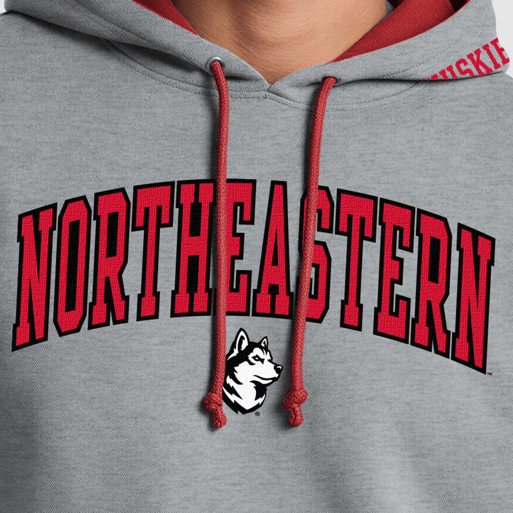 Men's Champion Heather Gray/Red Northeastern Huskies Contrast Hoodie