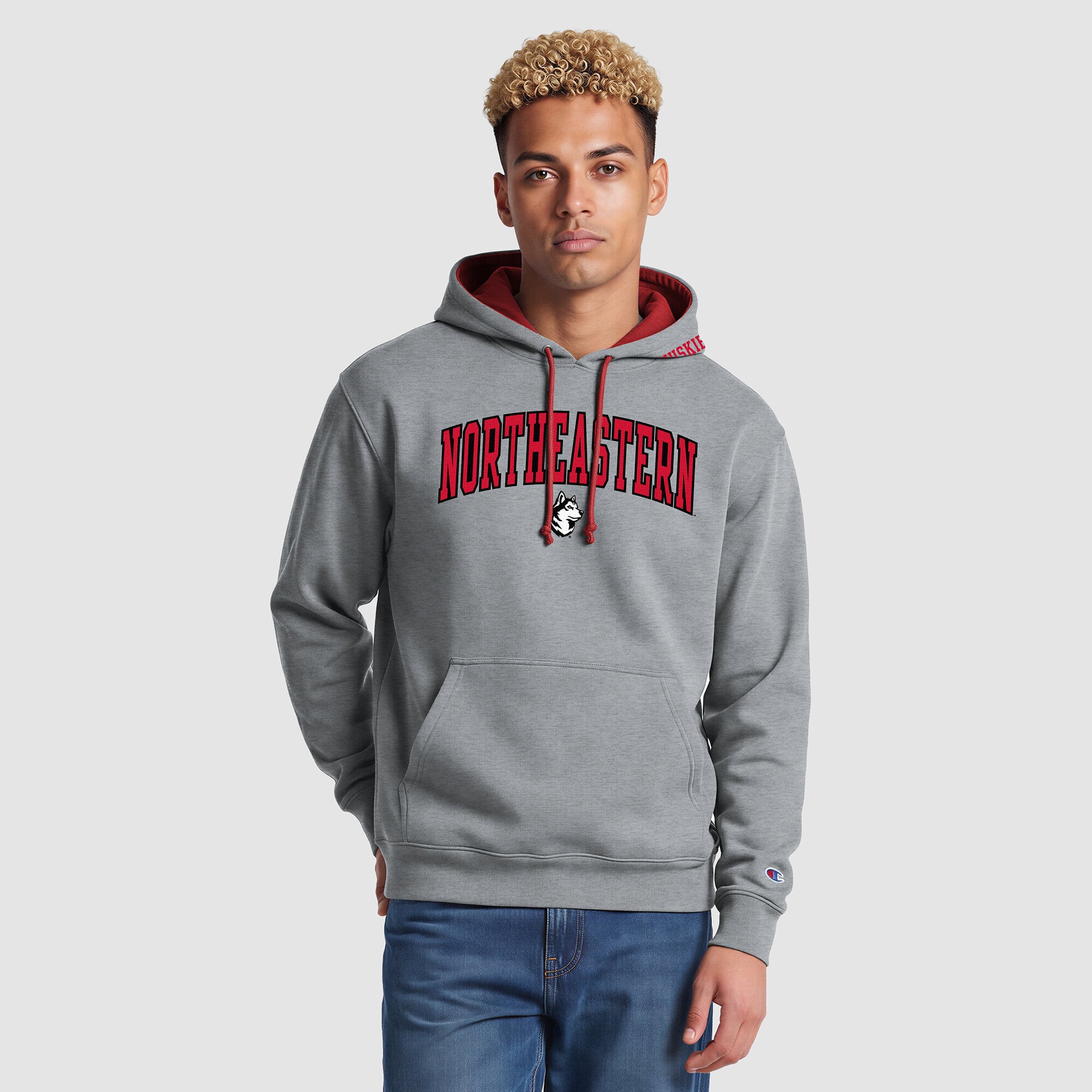 Men's Champion Heather Gray/Red Northeastern Huskies Contrast Hoodie