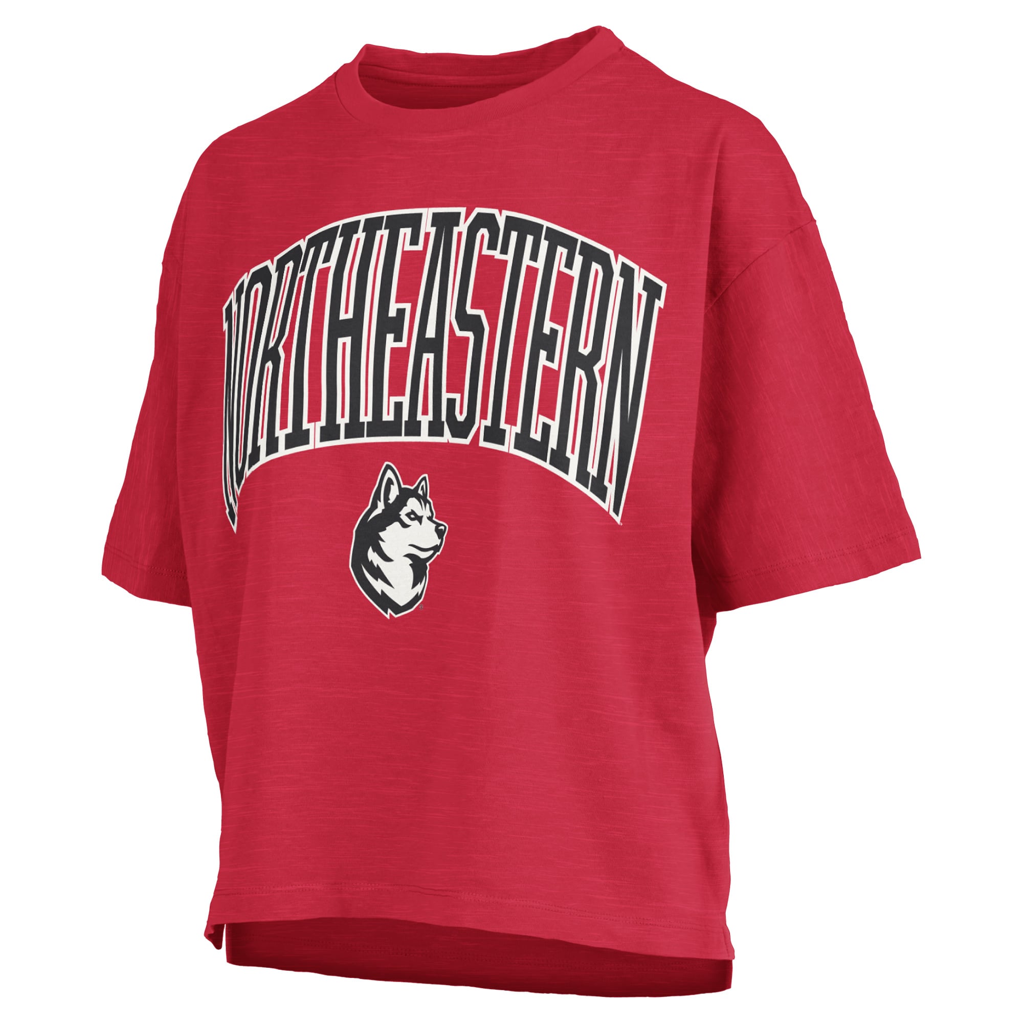 T-shirt oversize Pressbox rouge Northeastern Huskies pour femmes, logo Nelson Arch Over, en flammèche