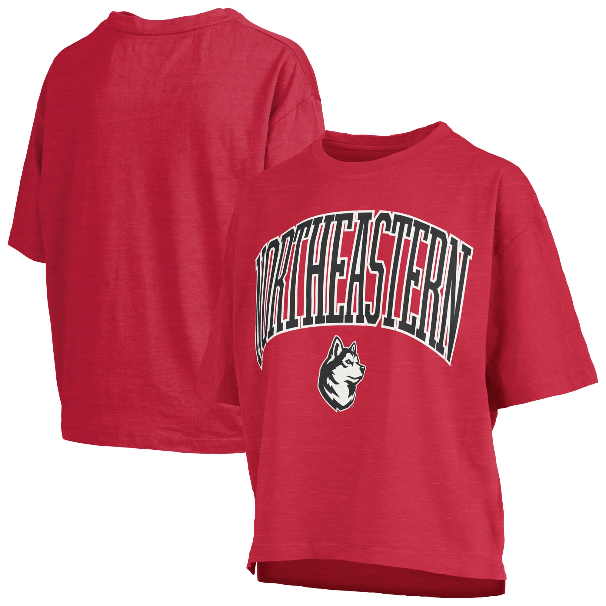 T-shirt oversize Pressbox rouge Northeastern Huskies pour femmes, logo Nelson Arch Over, en flammèche
