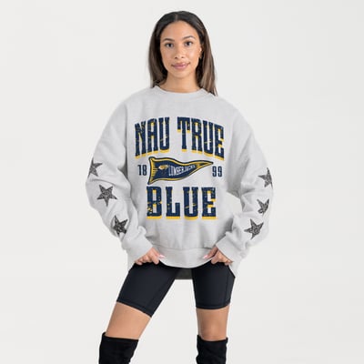 Northern Arizona Lumberjacks Gameday Couture Women's Oversized Pennant Pride Rhinestone Star Sleeve Sweatshirt - Ash