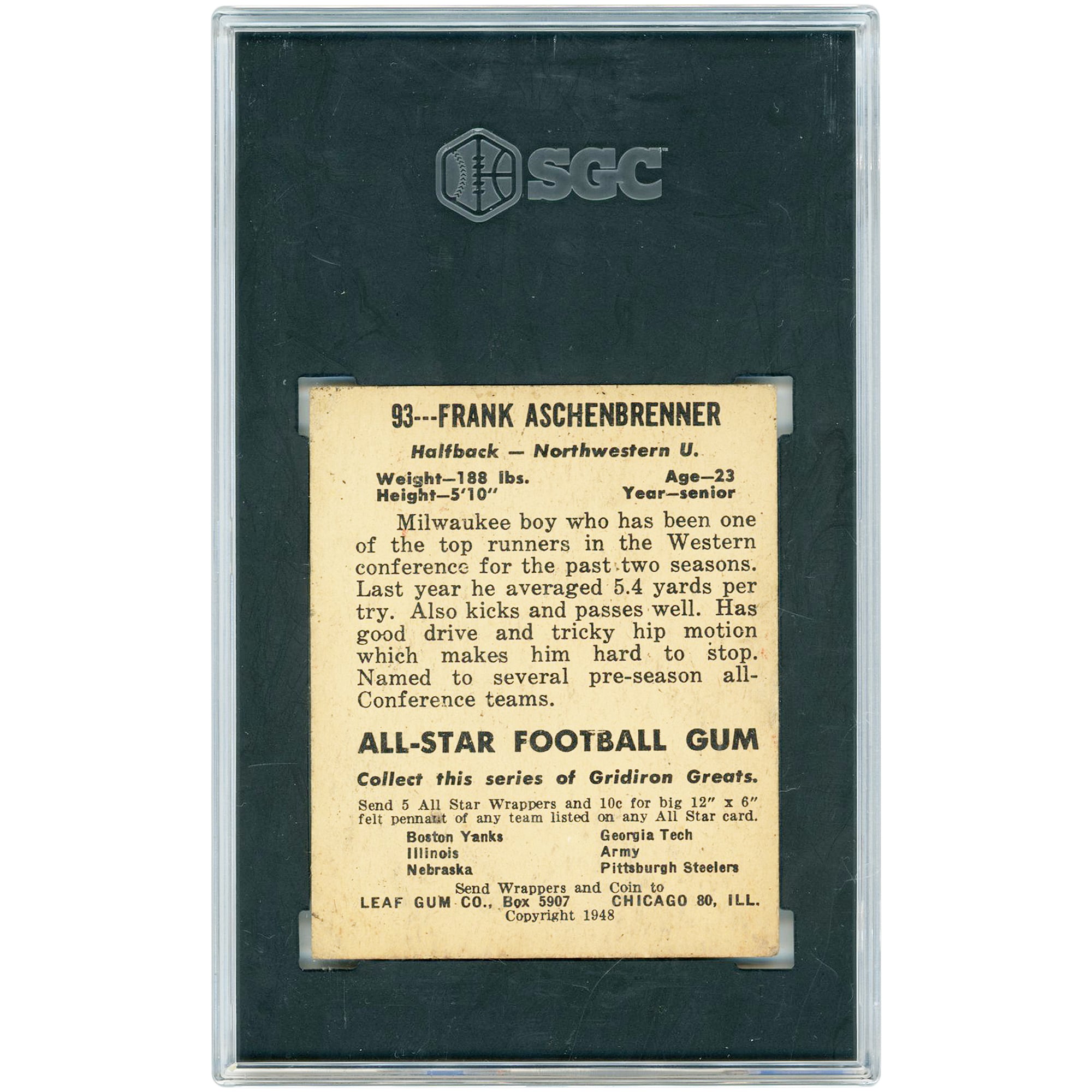 Frank Aschenbrenner Northwestern Wildcats 1948 Leaf Gum Co. #93 SGC Authenticated 3 Rookie Card
