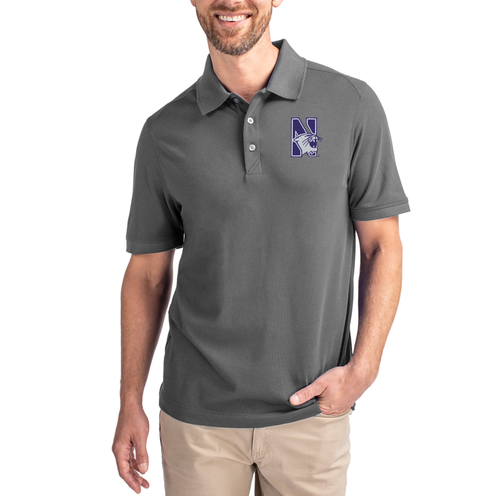 Men's Cutter & Buck Gray Northwestern Wildcats Advantage Eco Pique Tri-Blend Polo