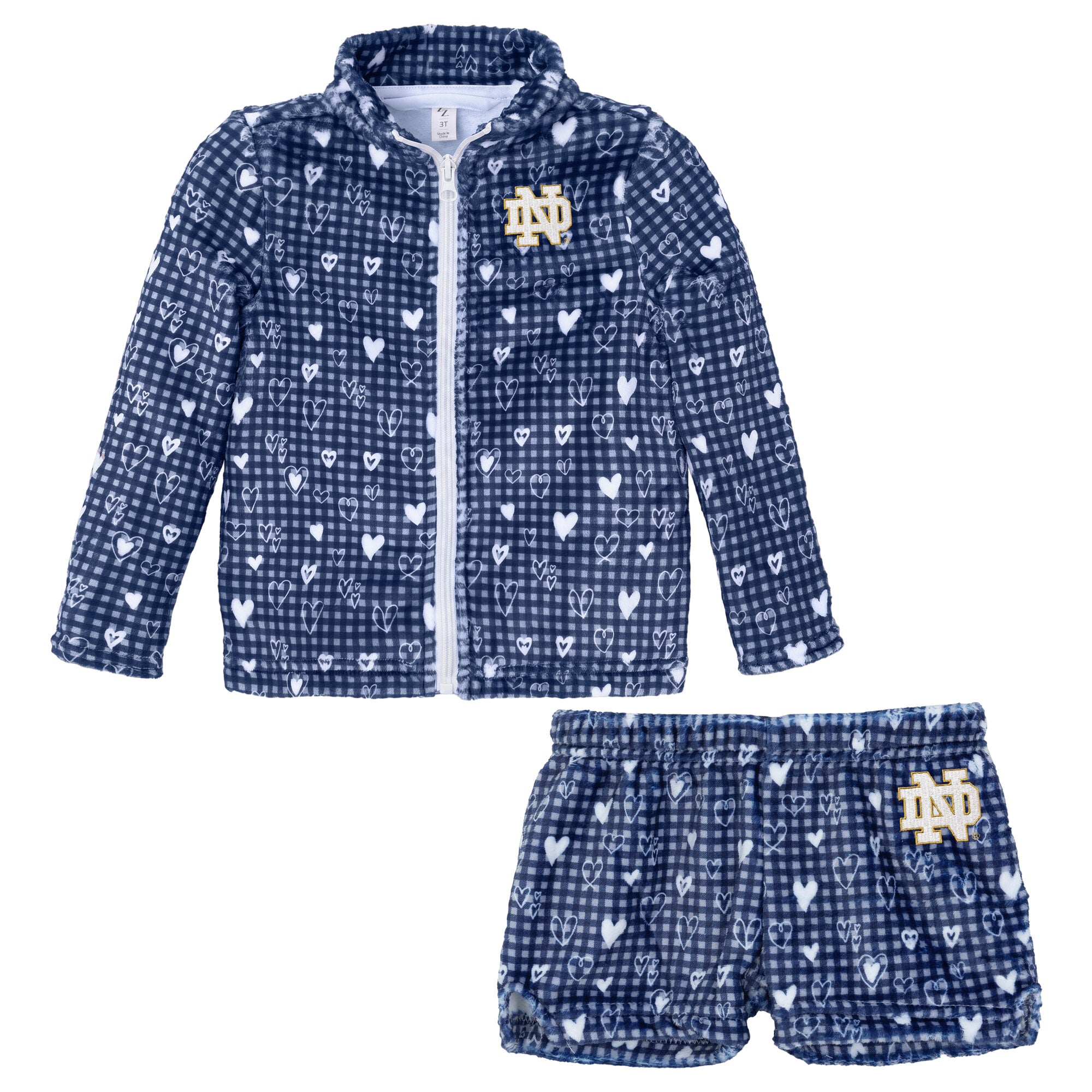 Ensemble veste et short en peluche à carreaux bleu marine ZooZatz pour petites filles, motif Notre Dame Fighting Irish Heart, fermeture éclair intégrale.