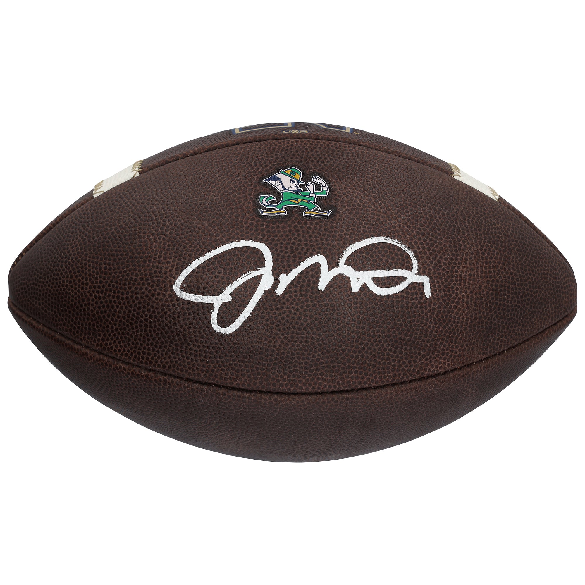 Ballon de football américain authentique Big Game autographié par Joe Montana, joueur des Fighting Irish de Notre Dame.