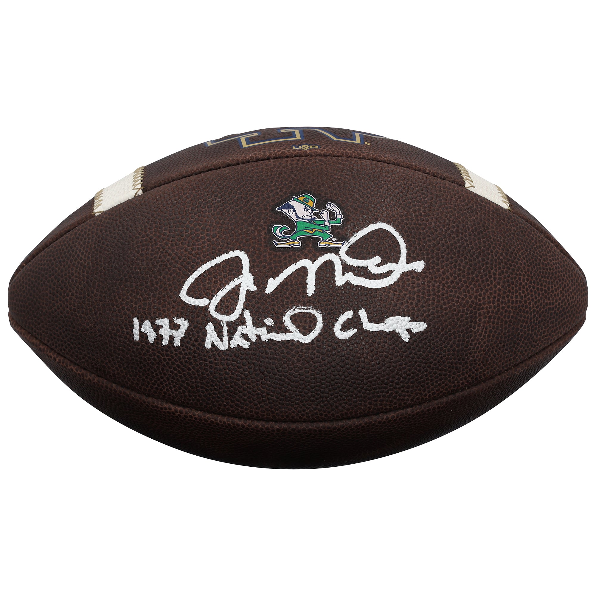 Ballon de football américain authentique des Fighting Irish de Notre Dame, autographié par Joe Montana, avec inscription « Champions nationaux 1977 ».