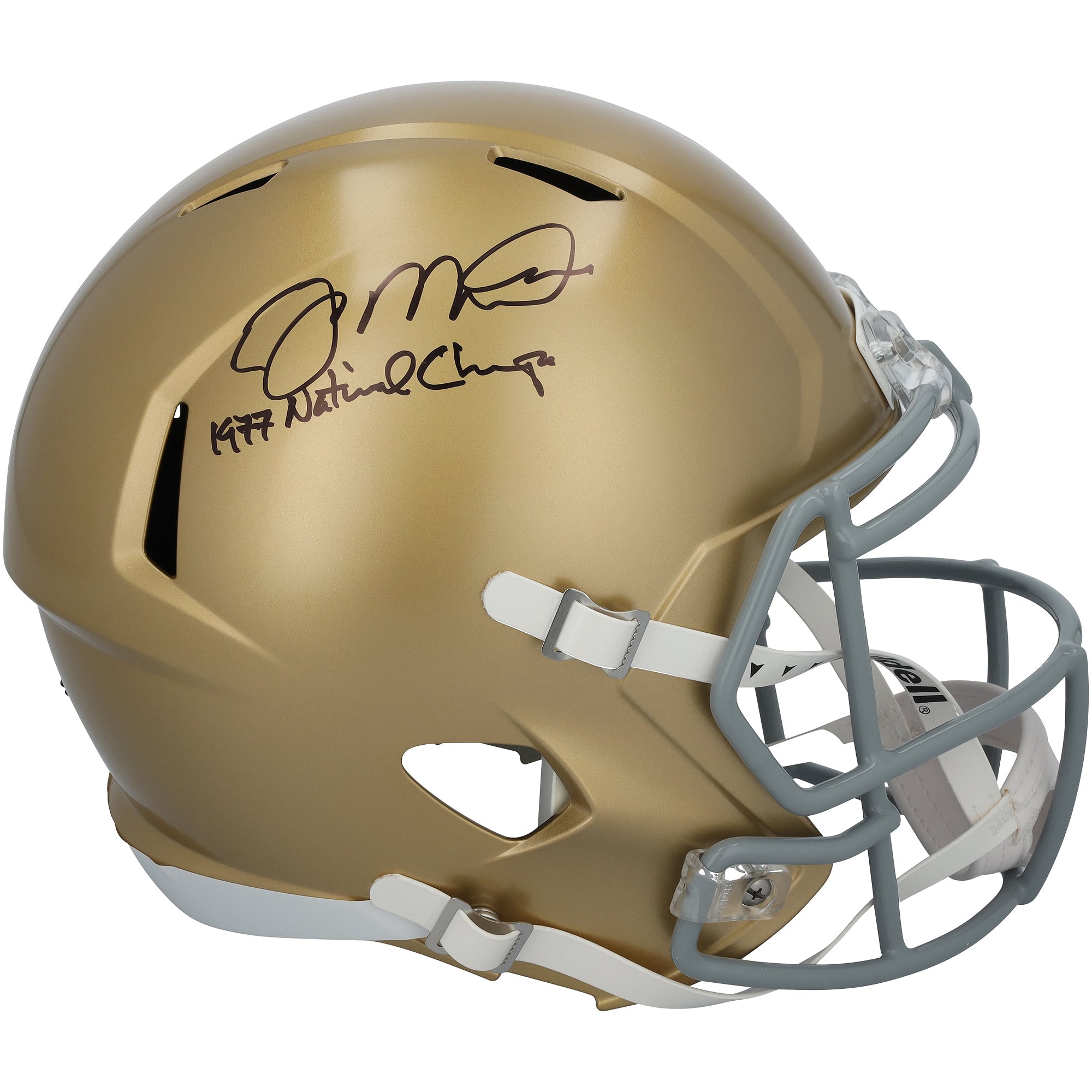 Casque réplique Riddell Speed ​​autographié par Joe Montana, joueur des Fighting Irish de Notre Dame, avec inscription « Champions nationaux 1977 ».