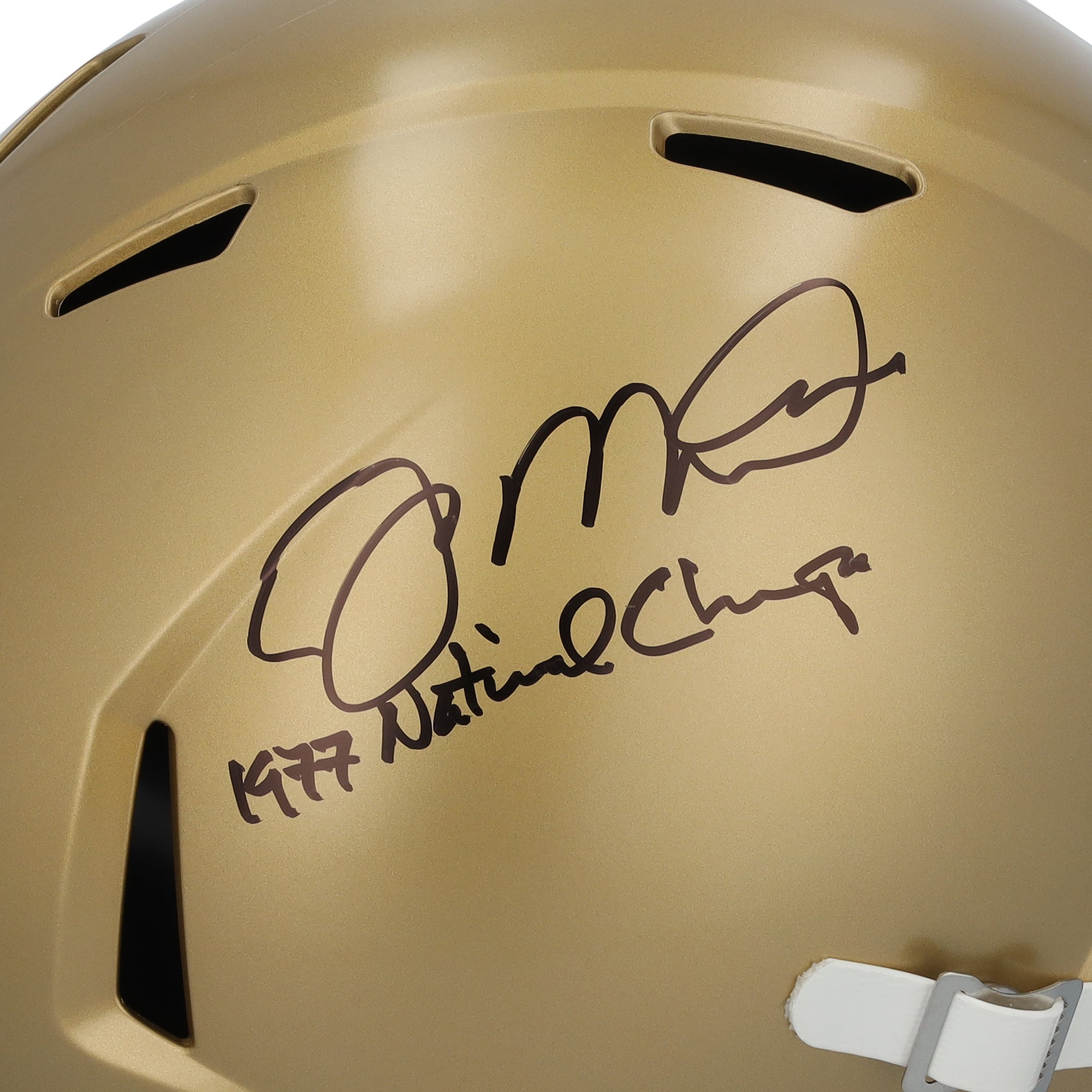 Casque réplique Riddell Speed ​​autographié par Joe Montana, joueur des Fighting Irish de Notre Dame, avec inscription « Champions nationaux 1977 ».