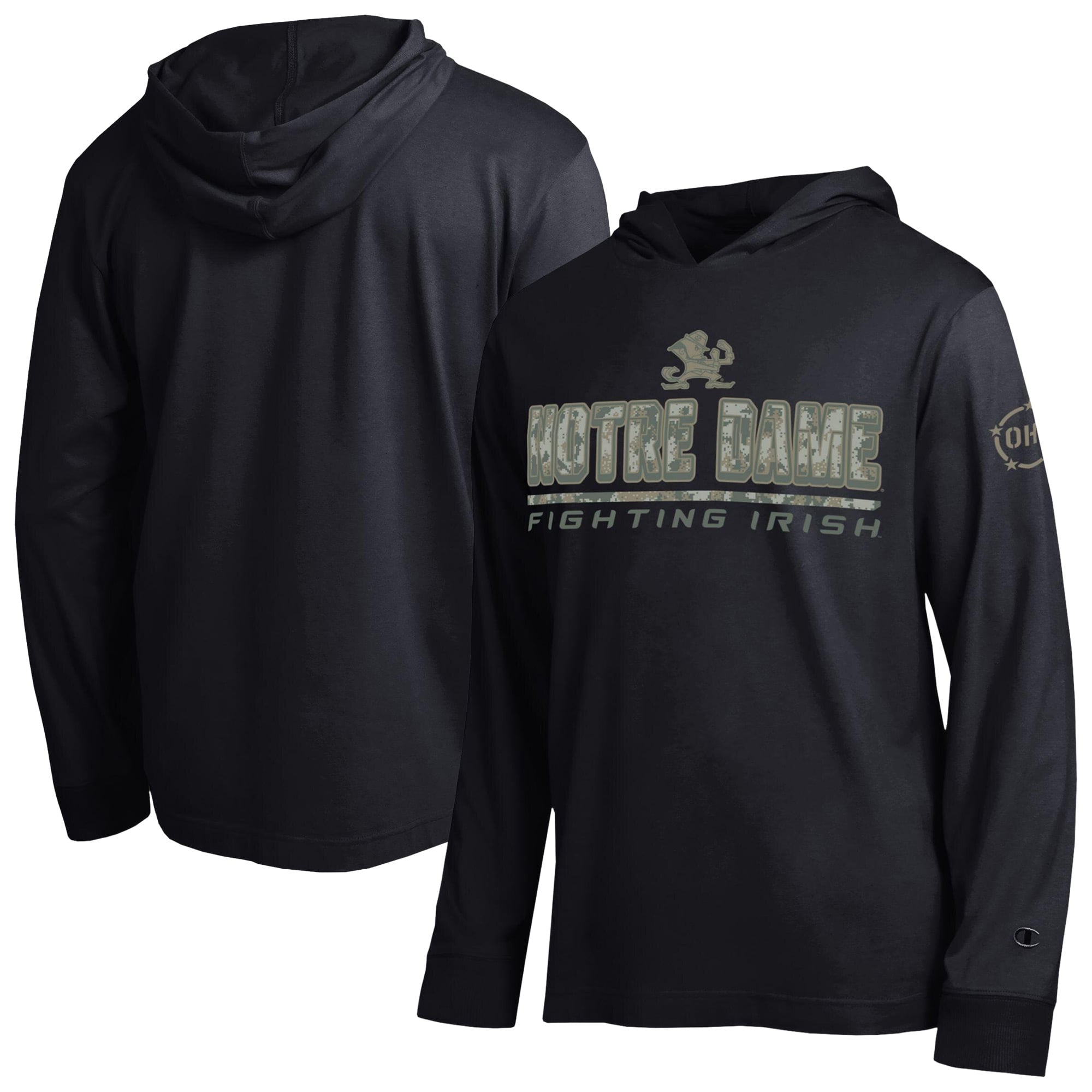 T-shirt à manches longues et capuche Champion Black Notre Dame Fighting Irish Operation Hat Trick Camo Script pour homme