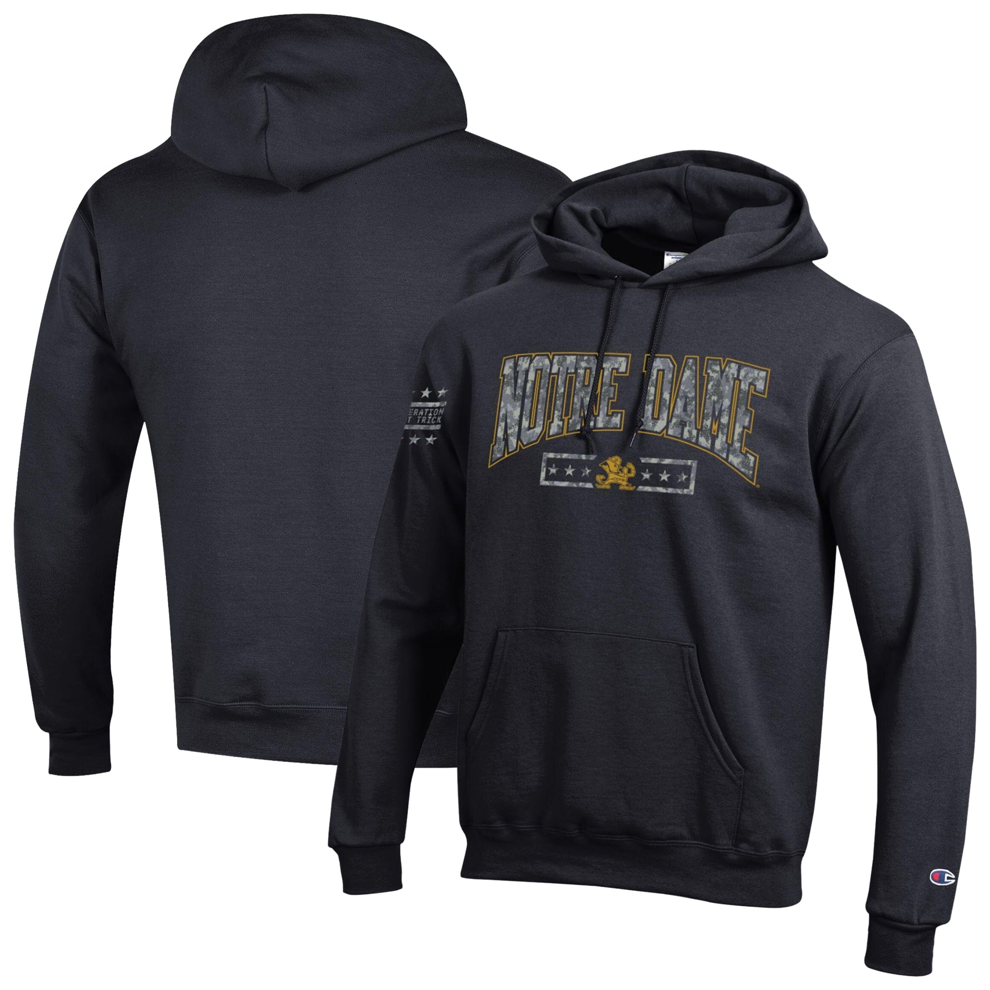 Men's Champion Black Notre Dame Fighting Irish Operation Hat Trick Camo Script Powerblend Fleece Hoodie
