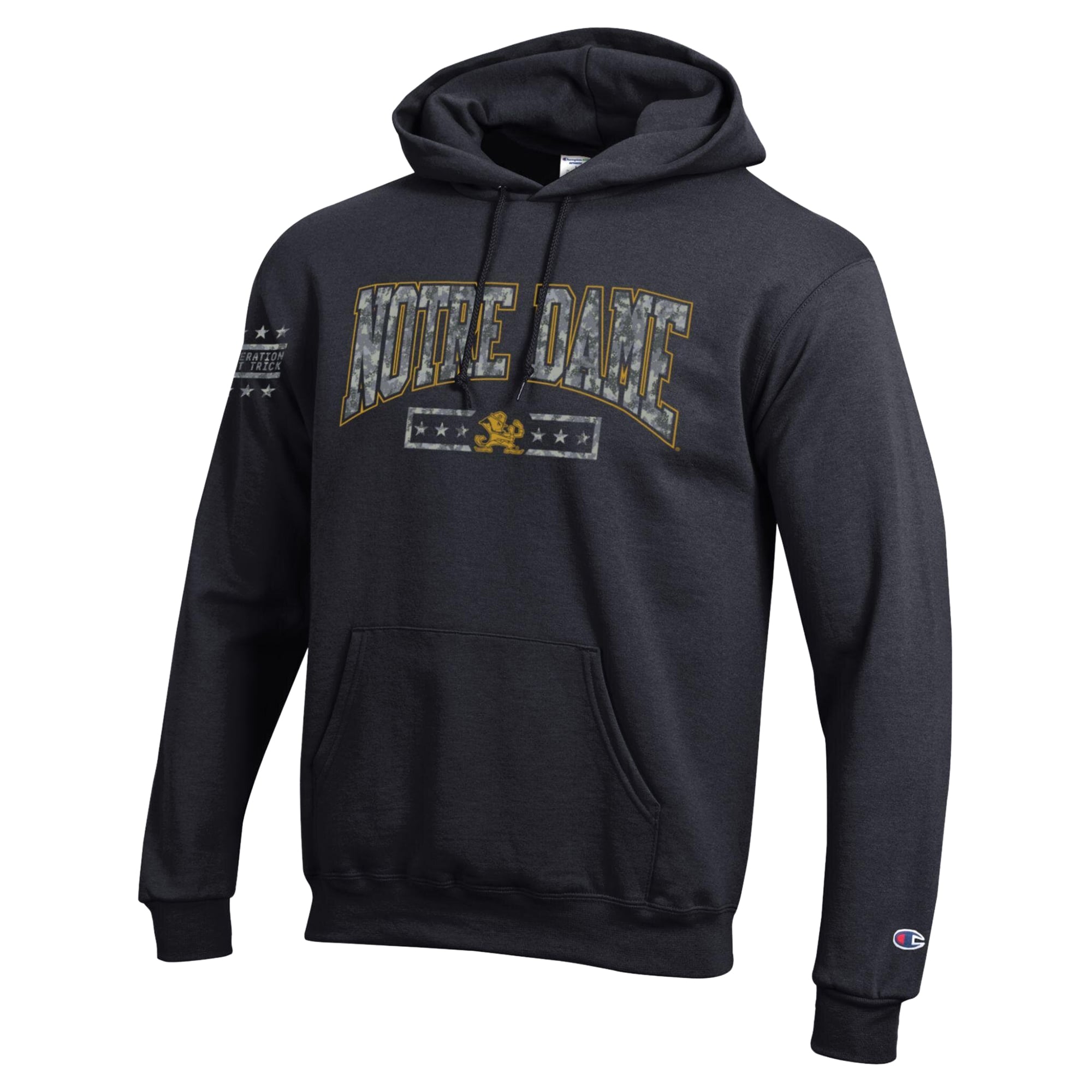 Men's Champion Black Notre Dame Fighting Irish Operation Hat Trick Camo Script Powerblend Fleece Hoodie