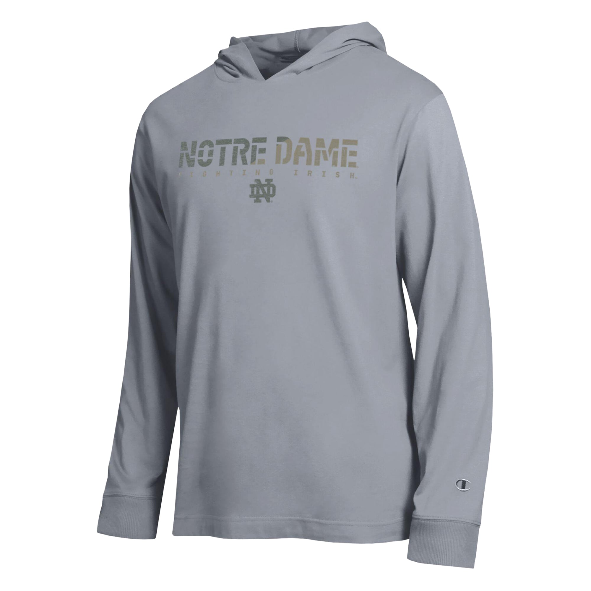 T-shirt à manches longues et capuche Champion Heather Gray Notre Dame Fighting Irish Operation Hat Trick Flag pour homme