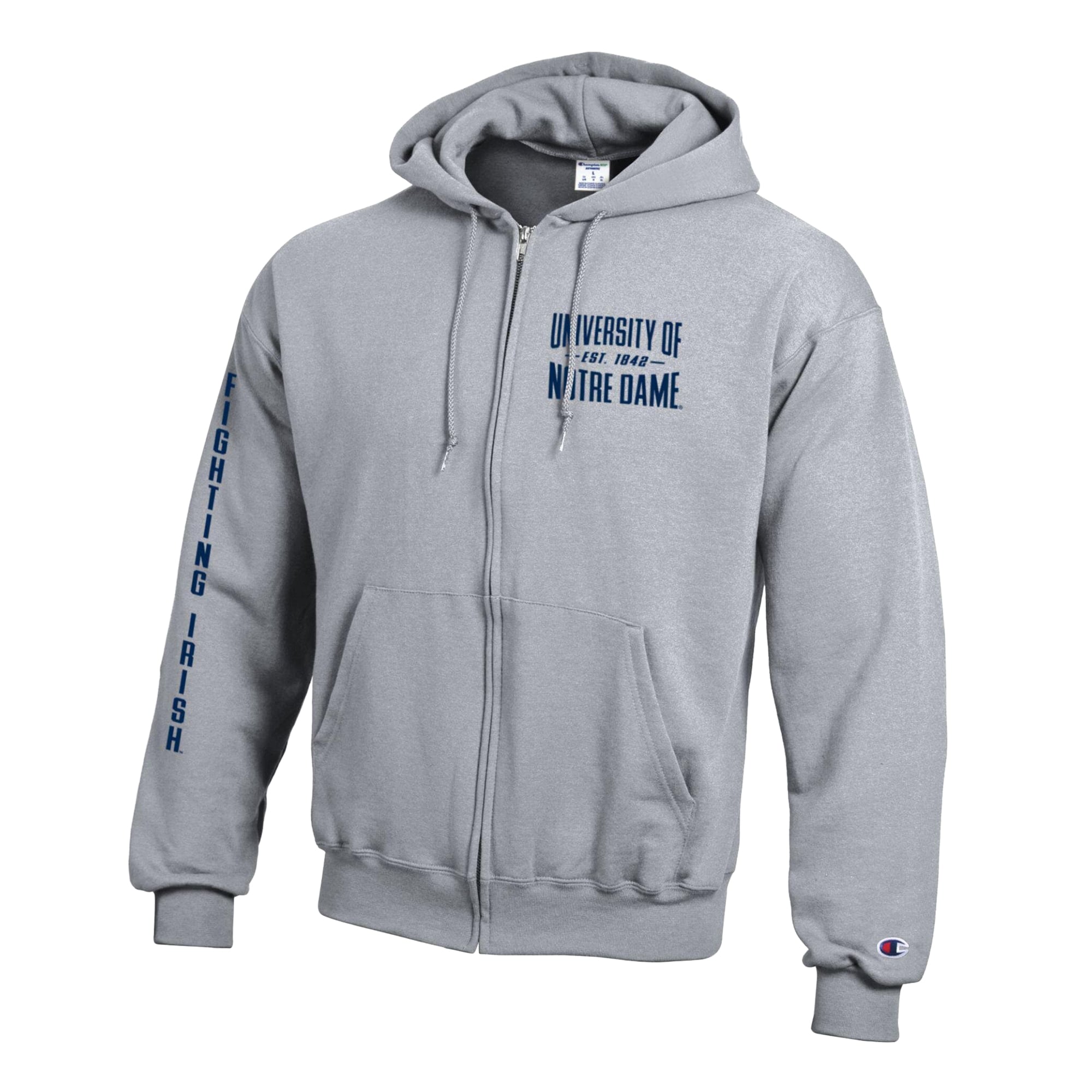 Men's Champion Heather Gray Notre Dame Fighting Irish Varsity Powerblend Full-Zip Fleece Hoodie