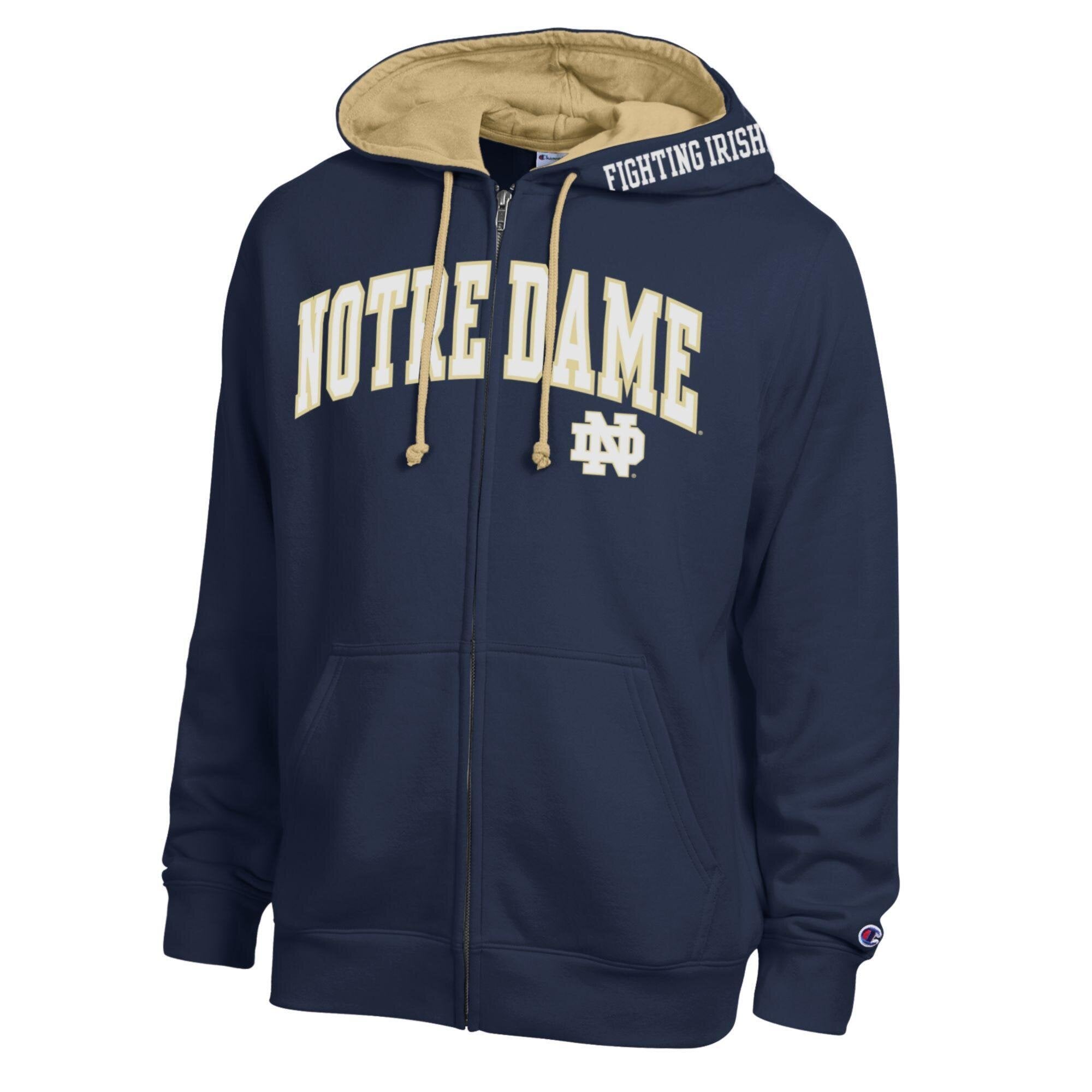 Men's Champion Navy Notre Dame Fighting Irish Arch Logo Full-Zip Fleece Hoodie