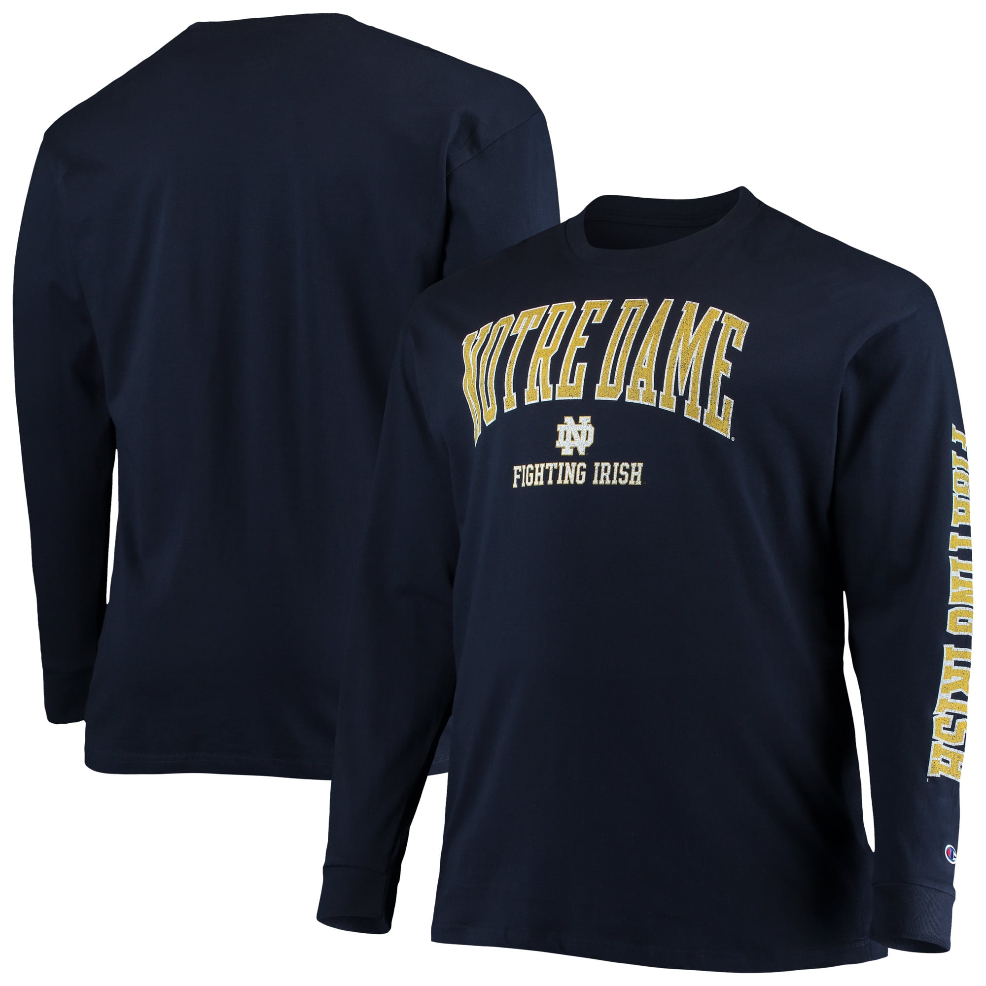 T-shirt à manches longues Champion Navy Notre Dame Fighting Irish pour homme, grandes tailles, logo en arc sur le devant