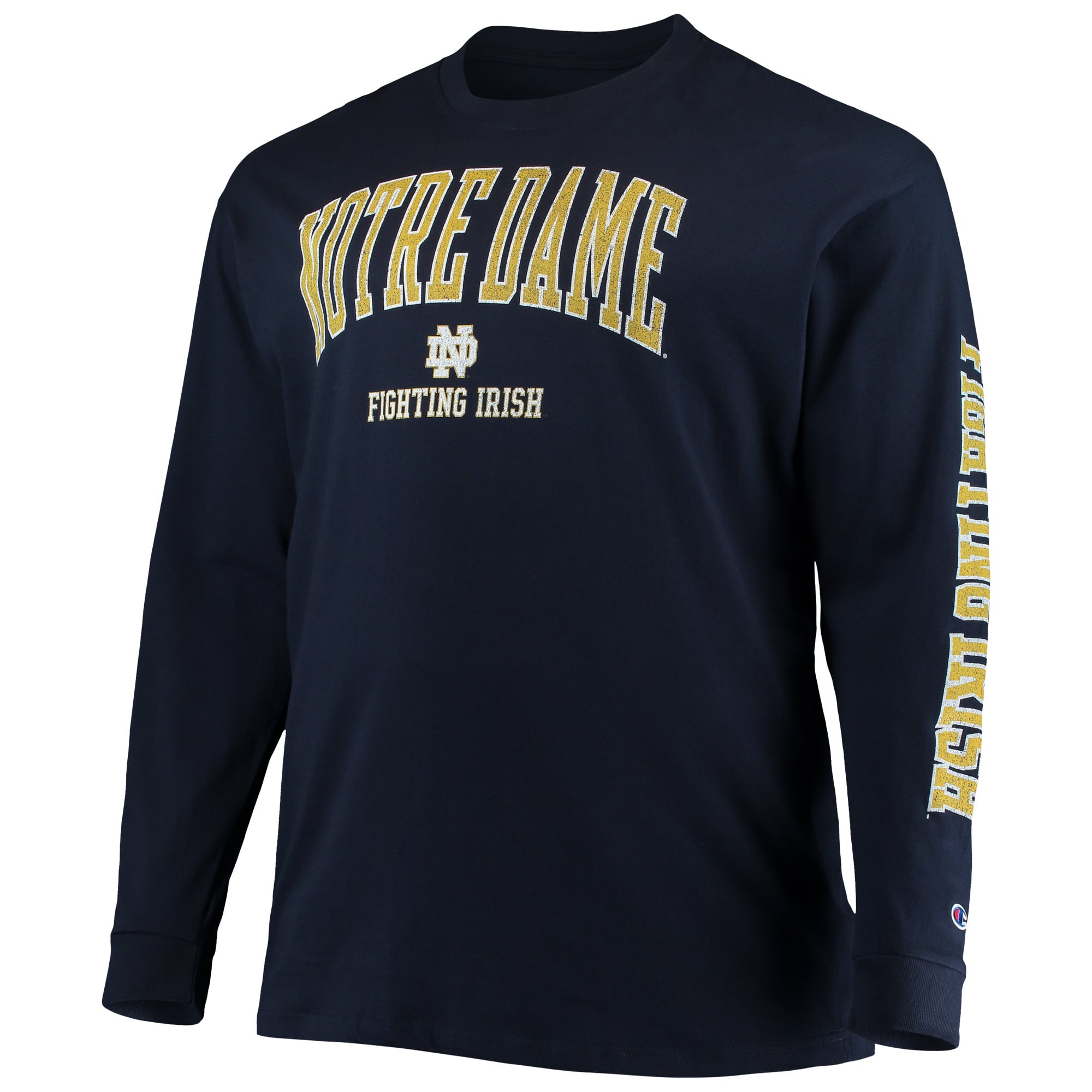 T-shirt à manches longues Champion Navy Notre Dame Fighting Irish pour homme, grandes tailles, logo en arc sur le devant
