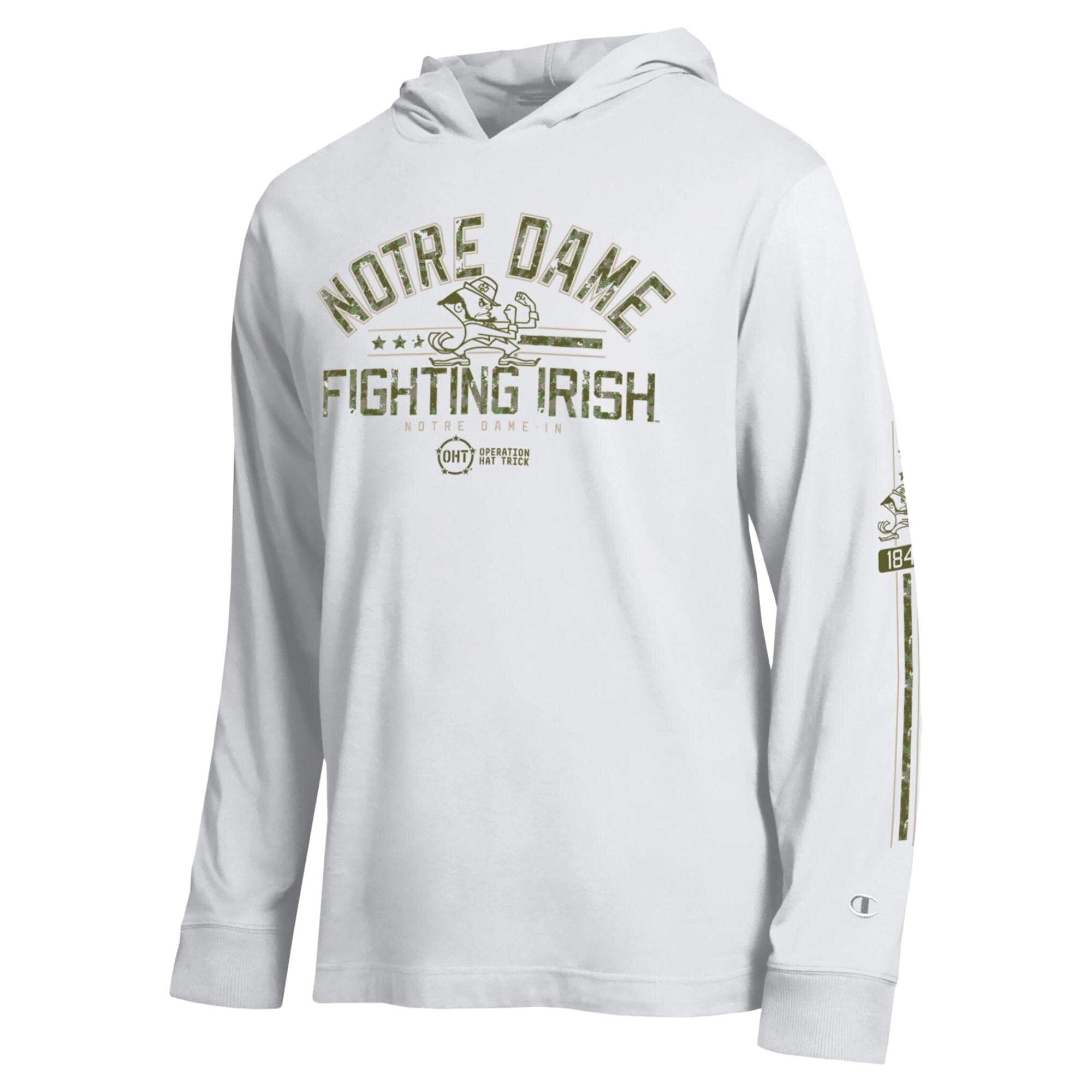T-shirt à manches longues et capuche Champion White Notre Dame Fighting Irish Operation Hat Trick pour homme