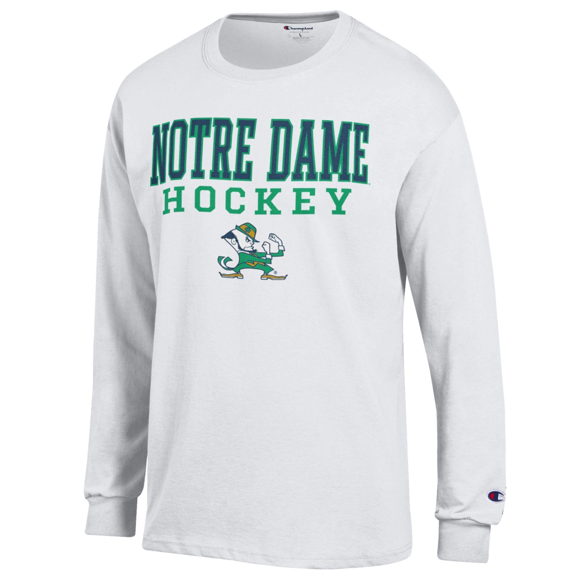 Men's Champion White Notre Dame Fighting Irish Stack Logo Hockey Powerblend Long Sleeve T-Shirt
