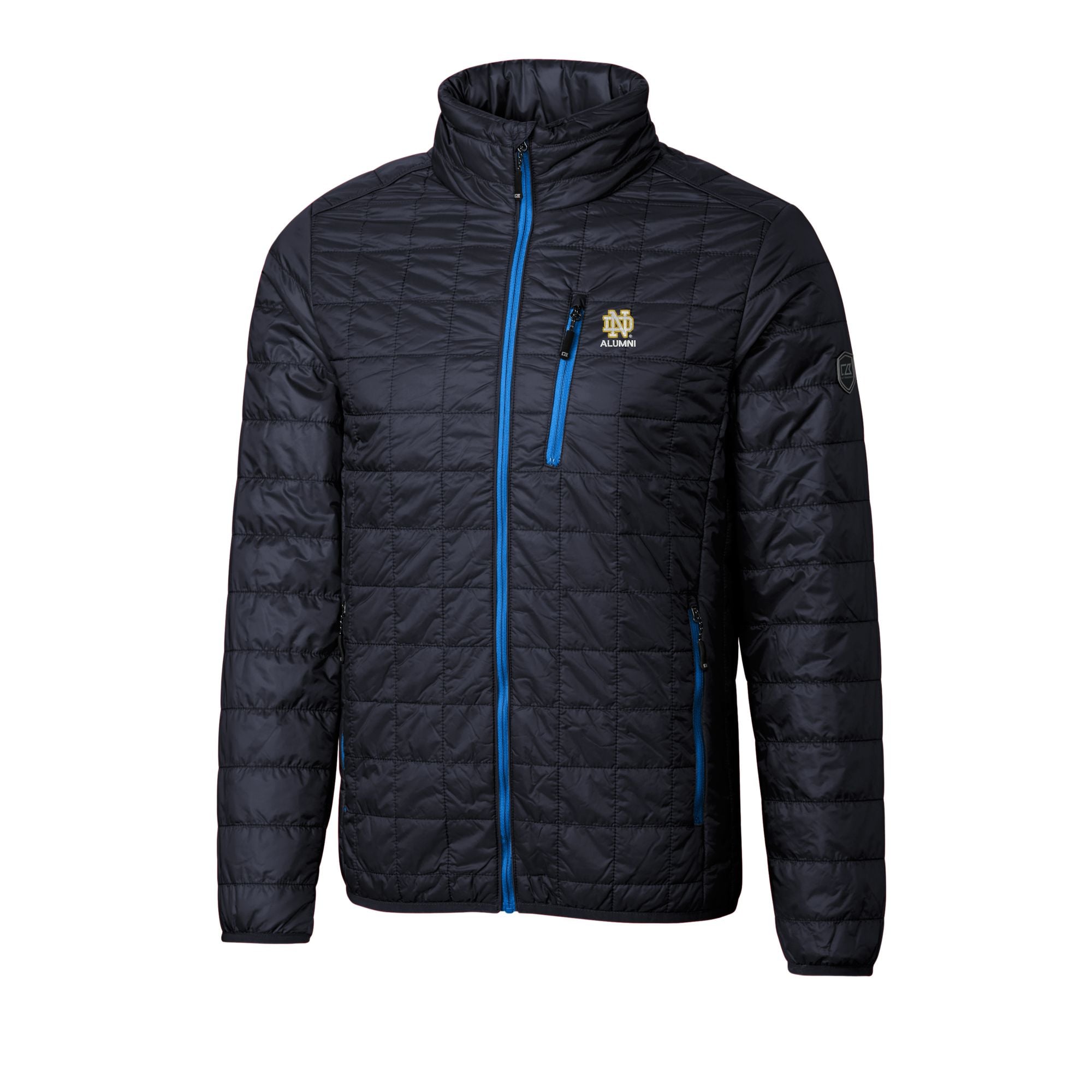 Doudoune sans manches zippée Cutter & Buck bleu marine pour homme, logo des anciens élèves de Notre Dame Fighting Irish, Rainier, isolée PrimaLoft Eco.