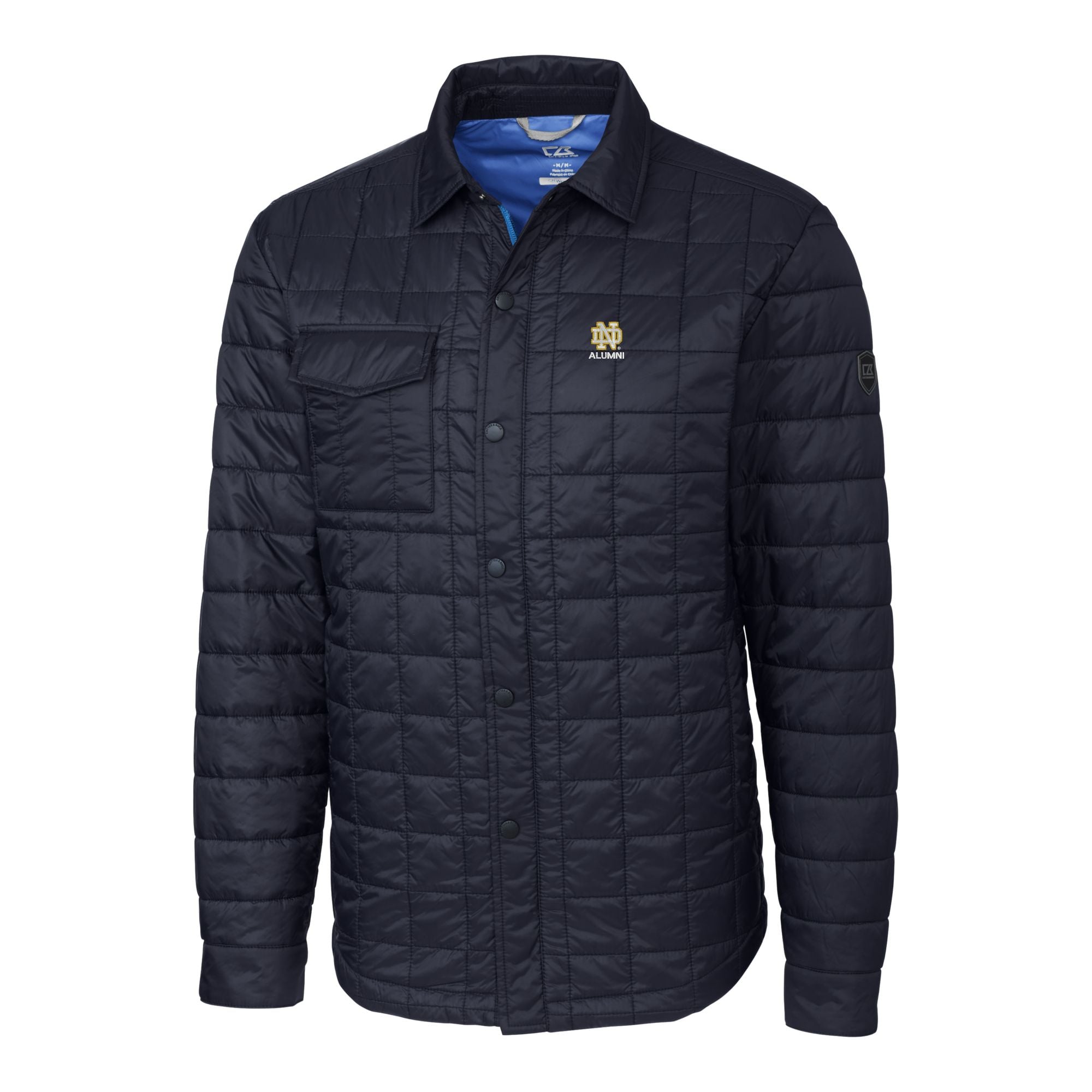 Surchemise matelassée à boutons Cutter & Buck bleu marine pour homme, logo des anciens élèves Fighting Irish de Notre Dame, modèle Rainier, isolée PrimaLoft Eco