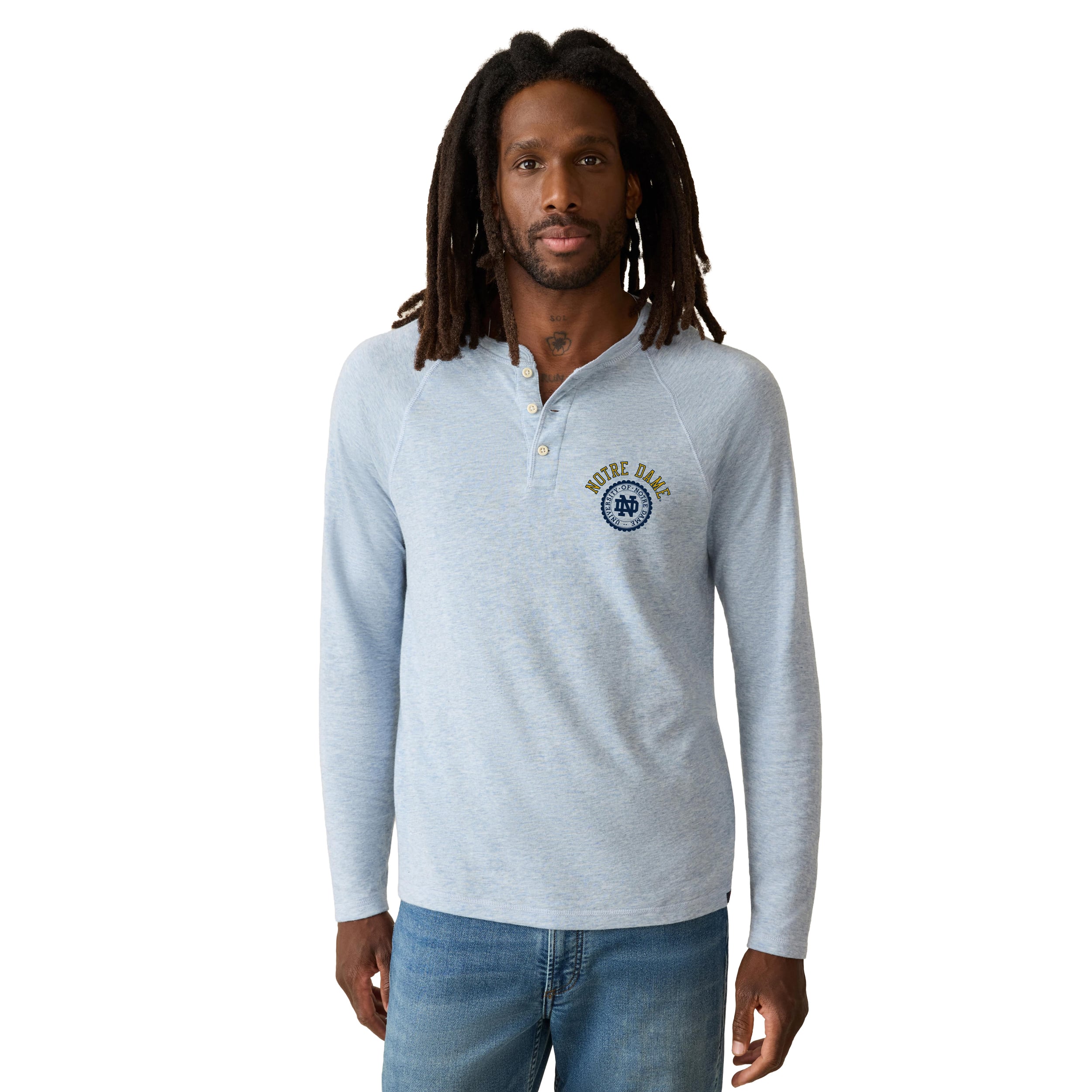 T-shirt à manches longues Henley bleu clair pour homme FAHERTY Notre Dame Fighting Irish Cloud