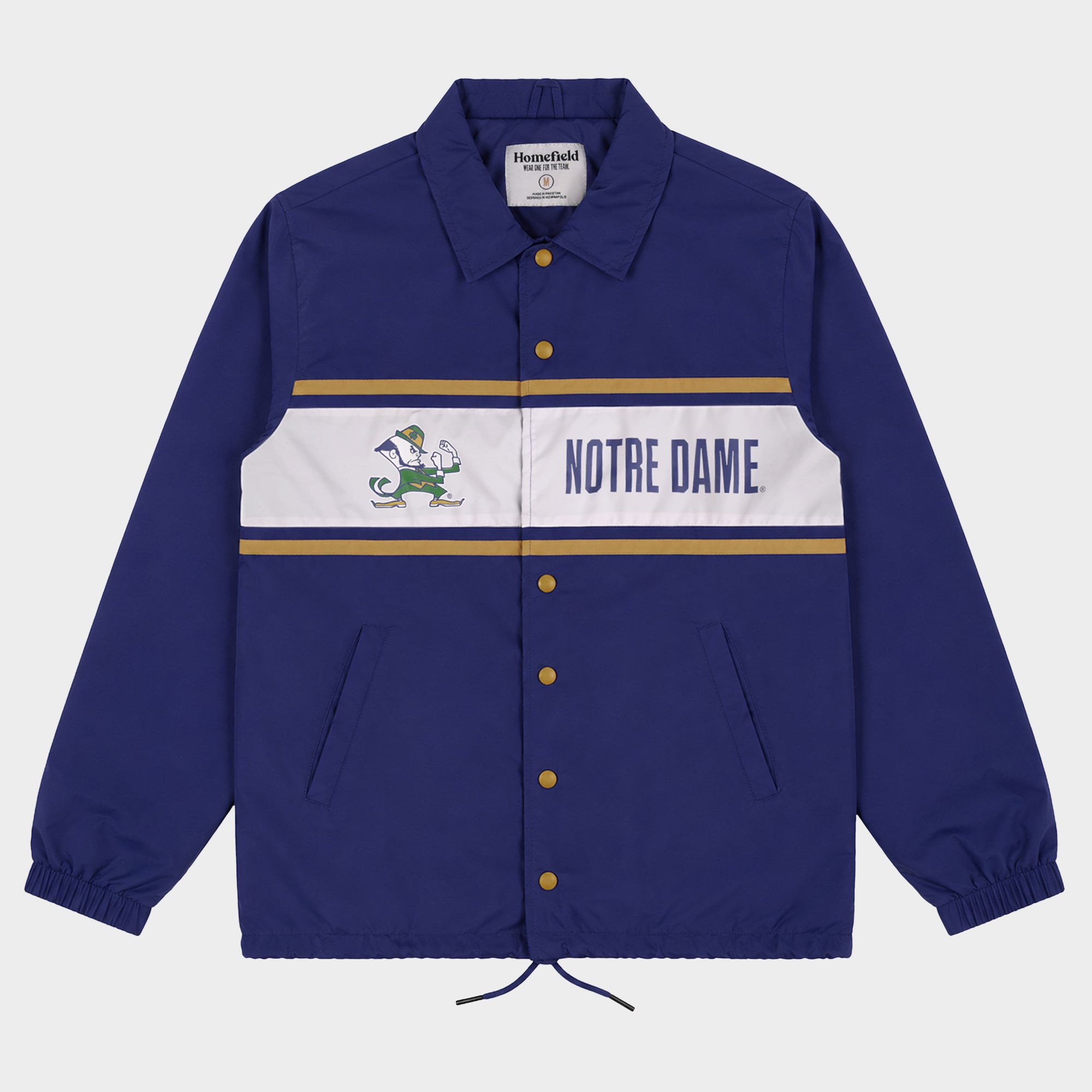 Veste boutonnée rayée Homefield bleu marine pour homme, style entraîneur, de l'équipe Notre Dame Fighting Irish.