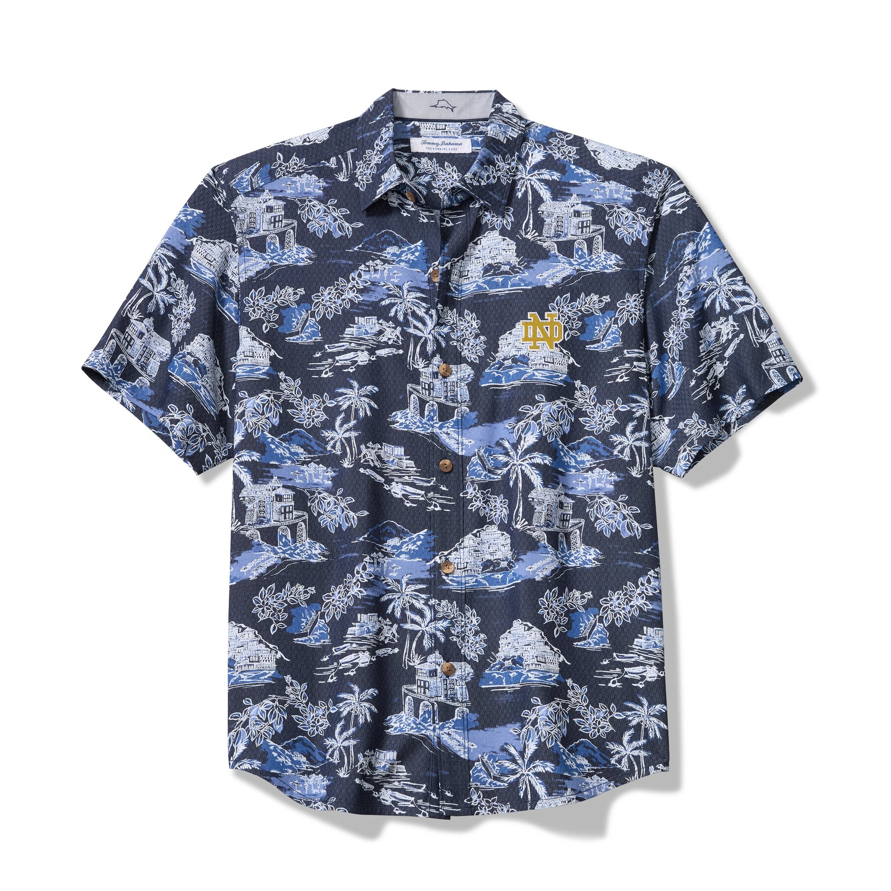 Men's Tommy Bahama Navy Notre Dame Fighting Irish Coastal Ease Paradise Isle Camp Button-Up Shirt