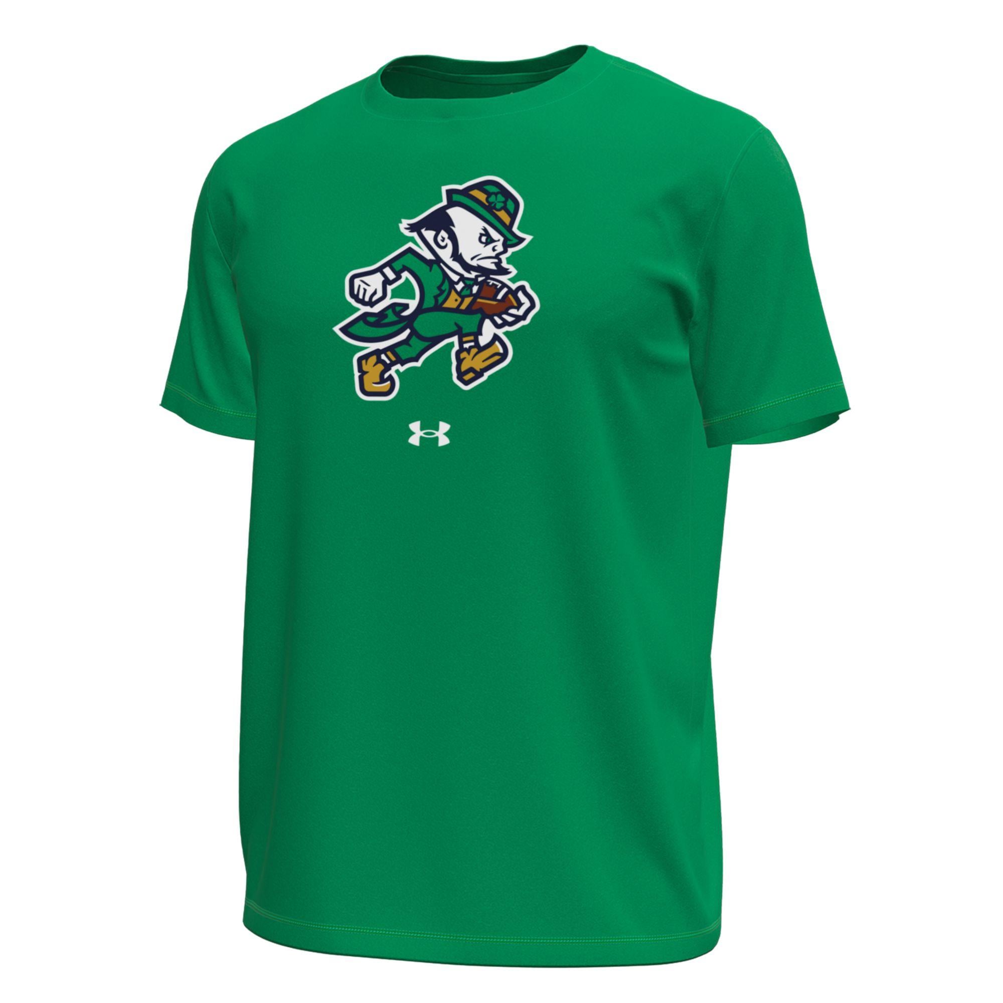 T-shirt technique extensible Under Armour vert Kelly pour homme, motif Leprechaun, de l'équipe football américain Notre Dame Fighting Irish.