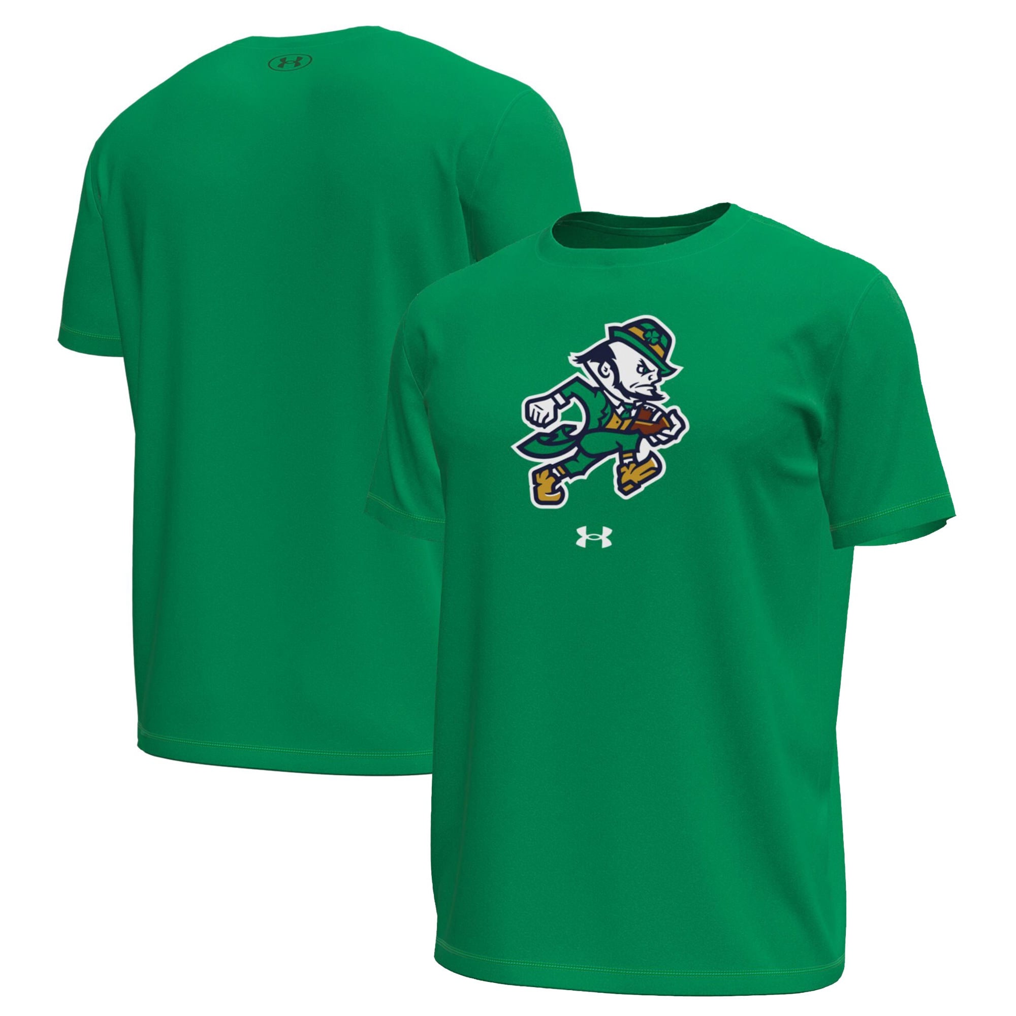 T-shirt technique extensible Under Armour vert Kelly pour homme, motif Leprechaun, de l'équipe football américain Notre Dame Fighting Irish.