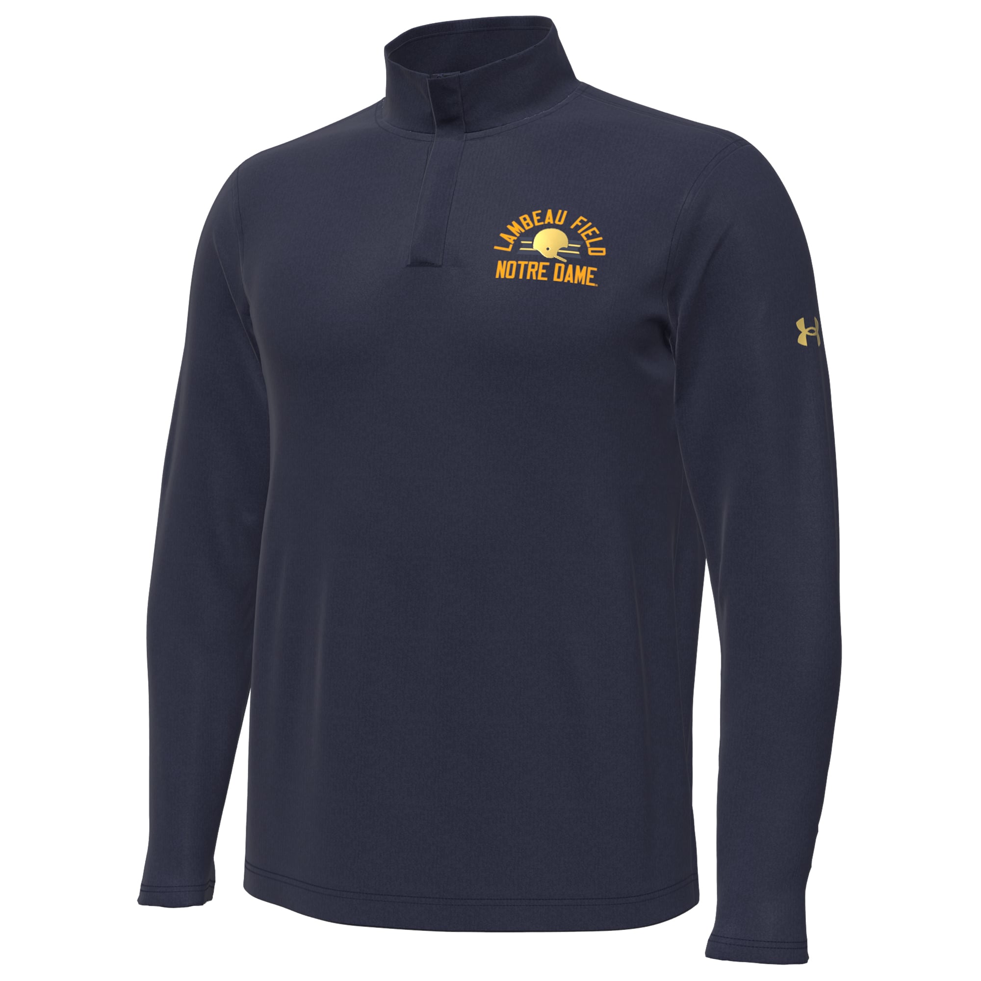 Men's Under Armour Navy Notre Dame Fighting Irish 2026 Shamrock Series Metallic Lambeau Field Arch Quarter-Zip Pullover