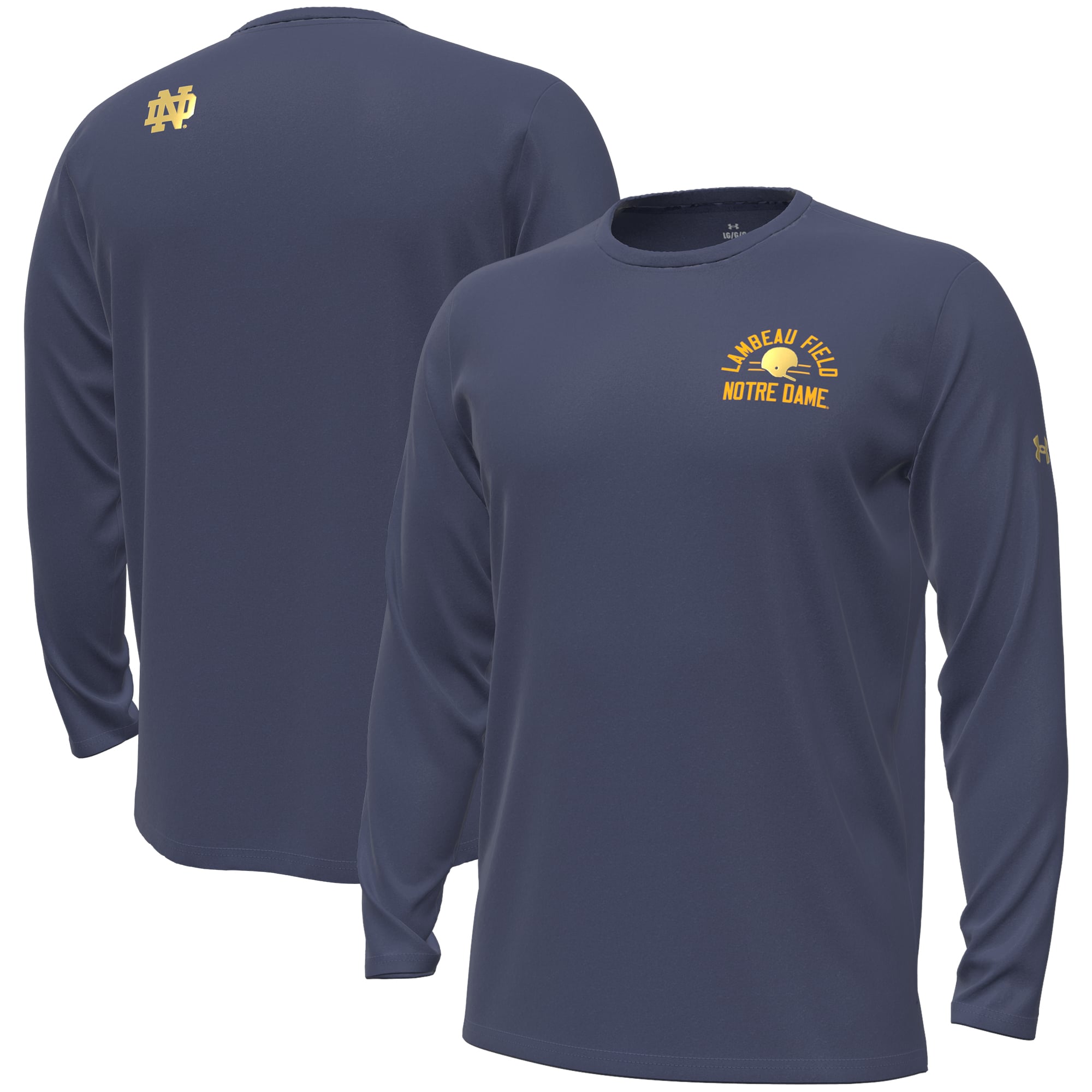Men's Under Armour Navy Notre Dame Fighting Irish 2026 Shamrock Series Metallic Lambeau Field Vanish Long Sleeve T-Shirt
