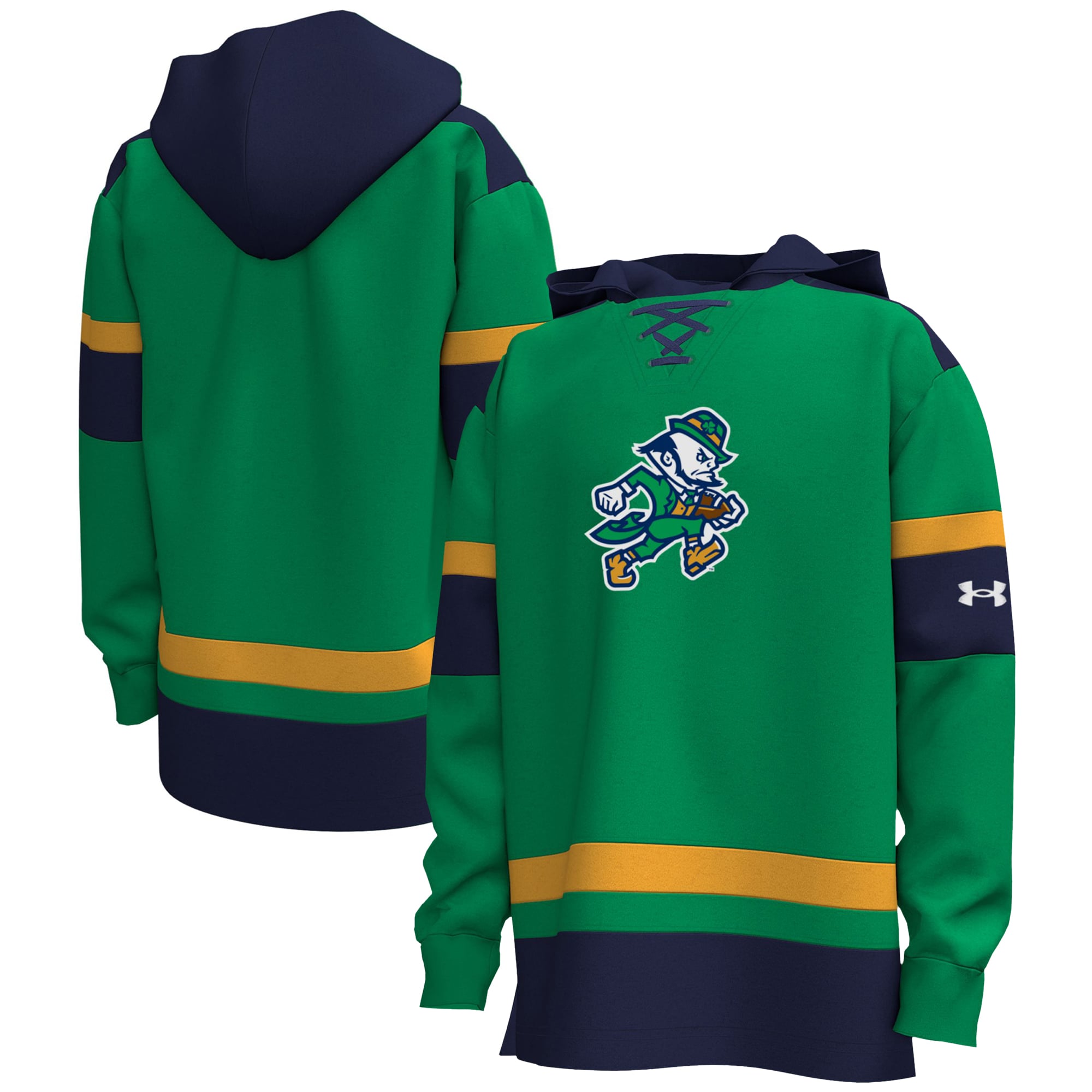 Sweat à capuche Under Armour vert Kelly n° 1 pour homme, aux couleurs des Fighting Irish de Notre Dame, les matchs hockey.