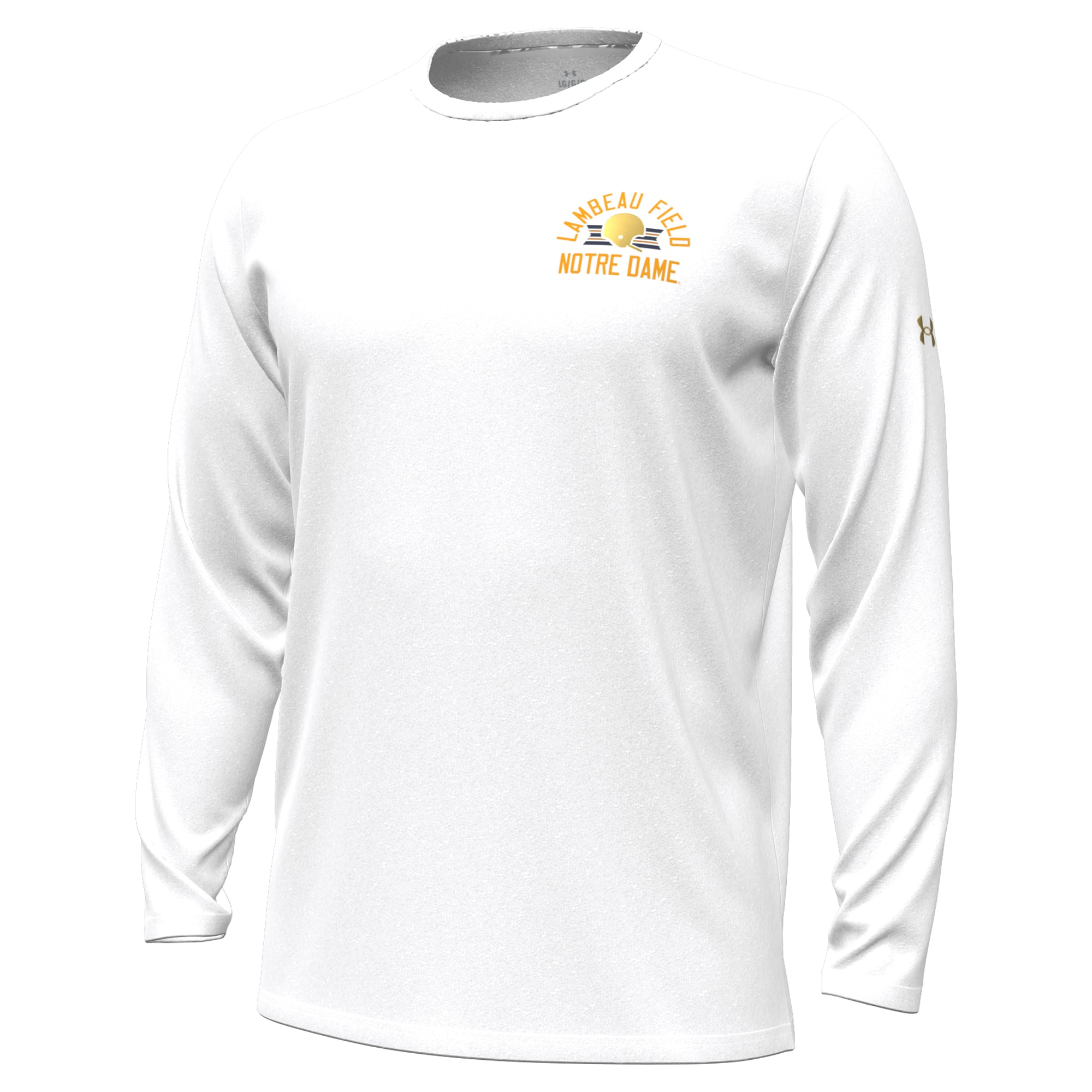 T-shirt à manches longues Under Armour blanc pour homme Notre Dame Fighting Irish 2026 Shamrock Series Metallic Lambeau Field Arch Vanish