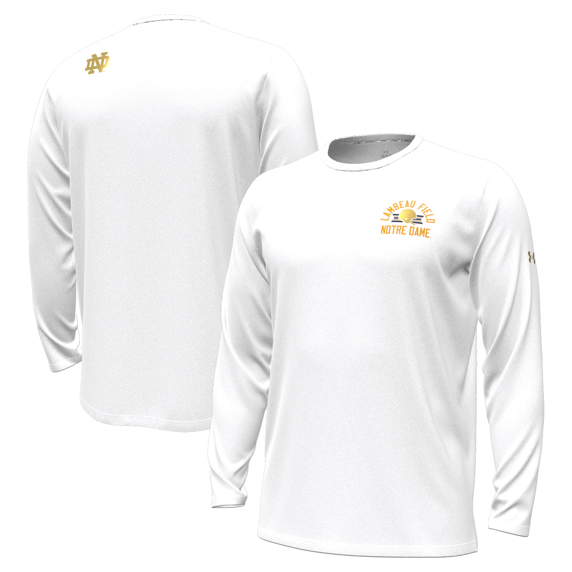 T-shirt à manches longues Under Armour blanc pour homme Notre Dame Fighting Irish 2026 Shamrock Series Metallic Lambeau Field Arch Vanish