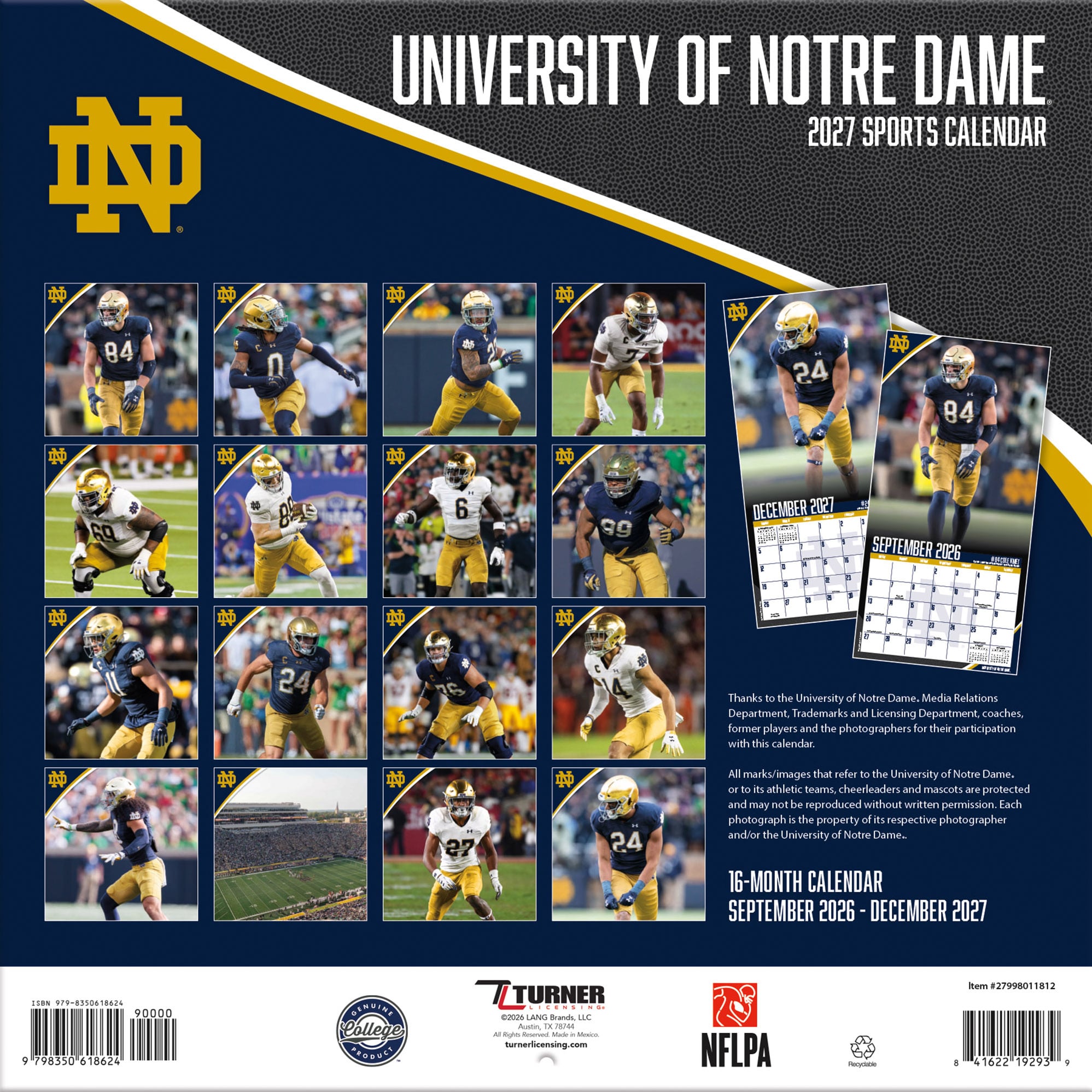 Notre Dame Fighting Irish 2027 12” x 12” Team Wall Calendar