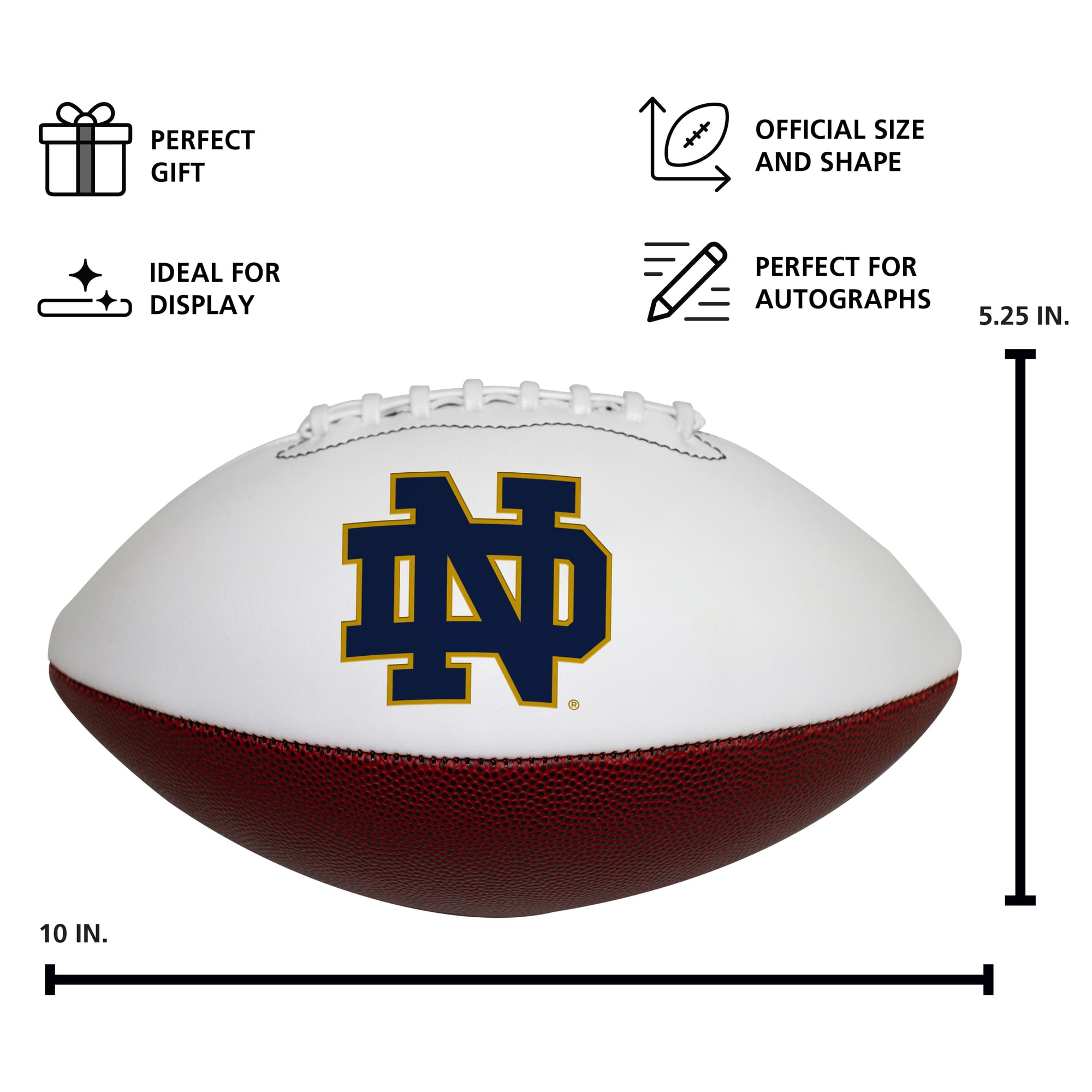 Ballon de football autographié avec logo officiel Notre Dame Fighting Irish, taille réelle