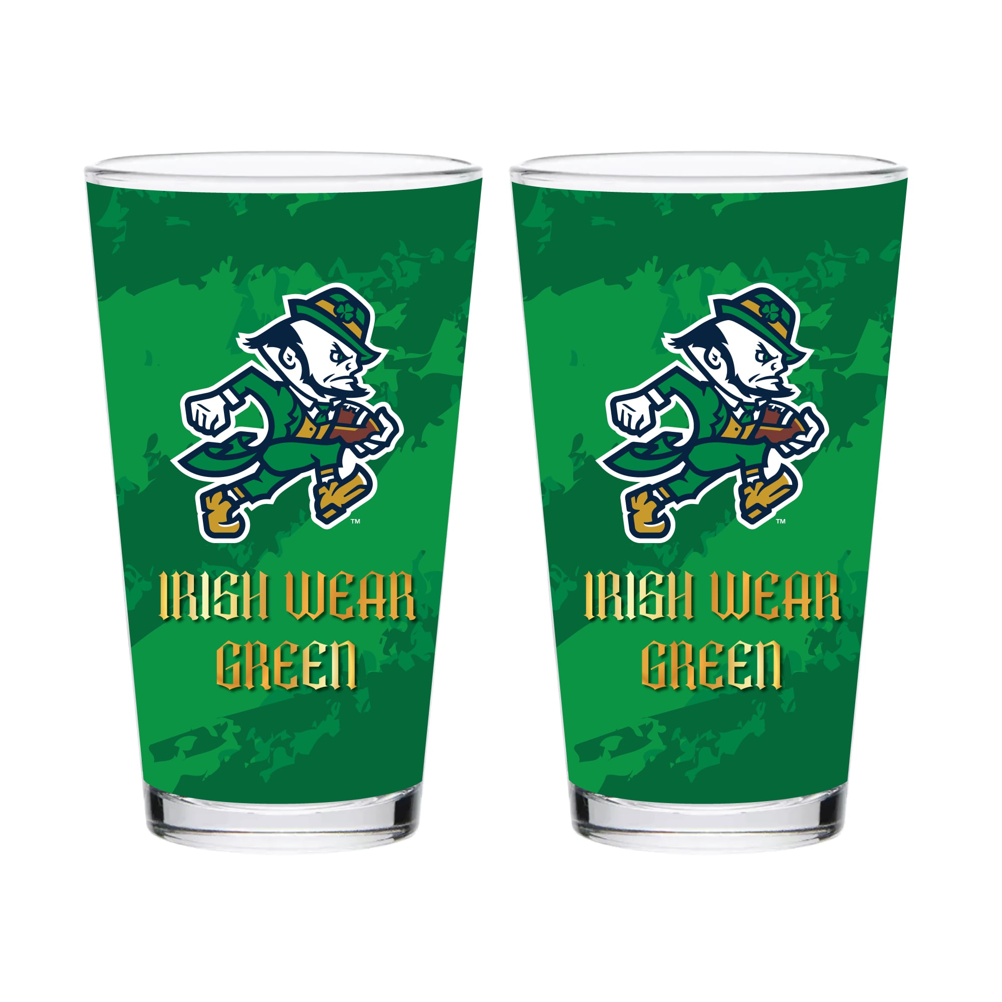 Notre Dame Fighting Irish Two-Piece Irish Wear Green Football Leprechaun 16oz. Pint Glass Set