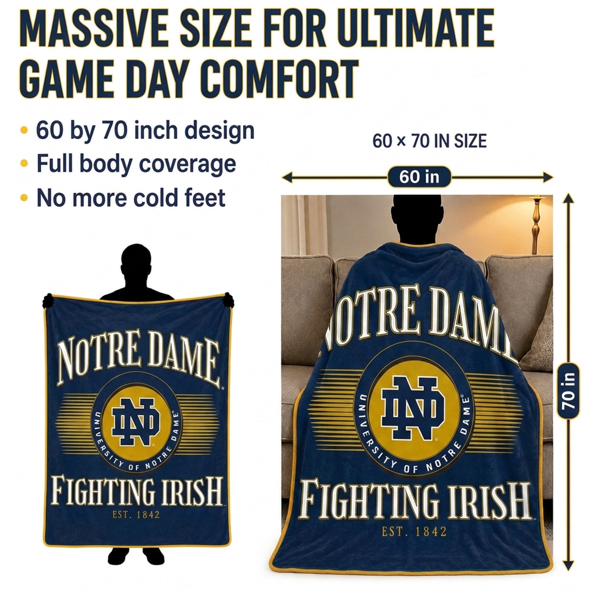 Couverture Pegasus Notre Dame Fighting Irish Spotlight Arch 60" x 70" ultra douce