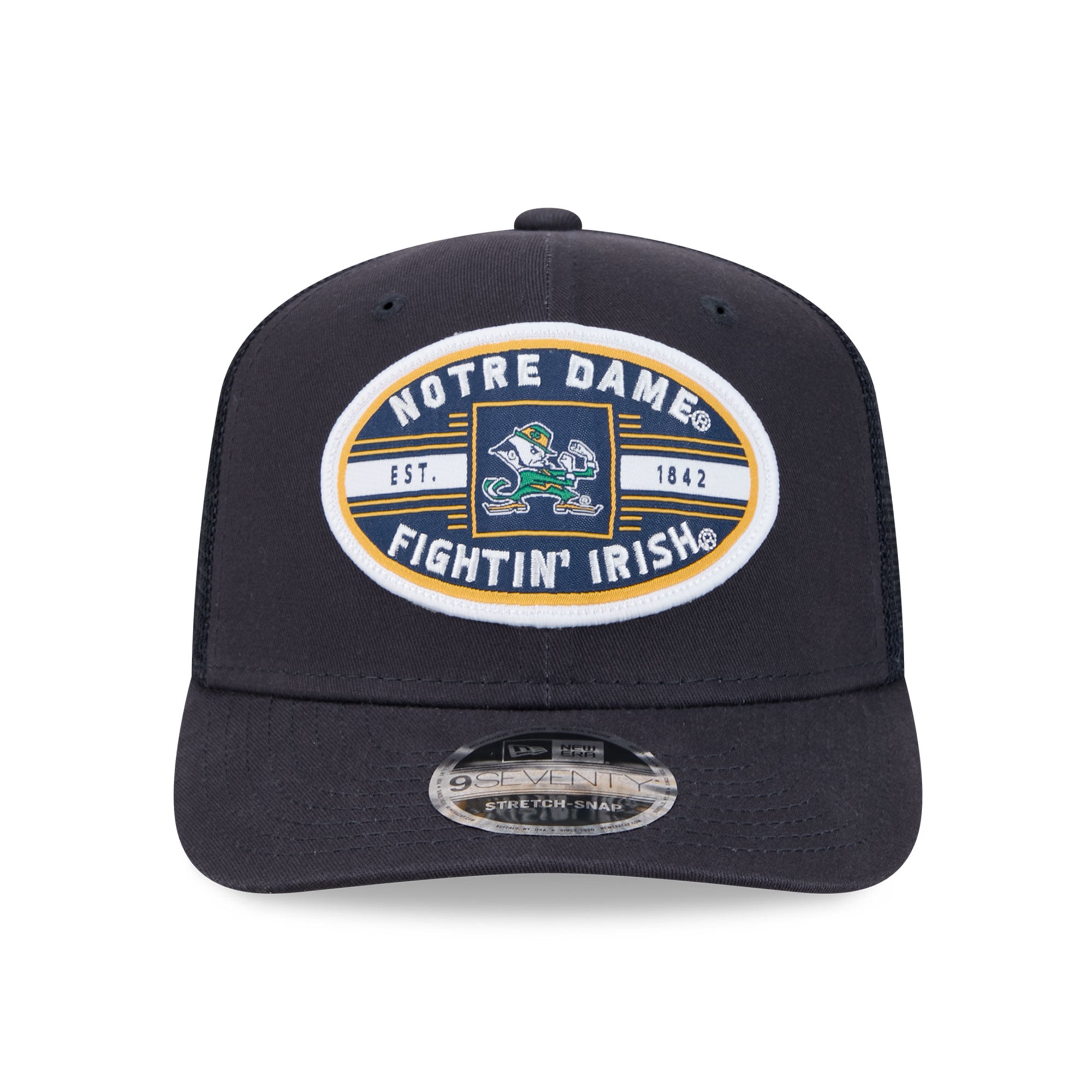 Casquette trucker unisexe New Era bleu marine Notre Dame Fighting Irish à écusson intégré 9SEVENTY