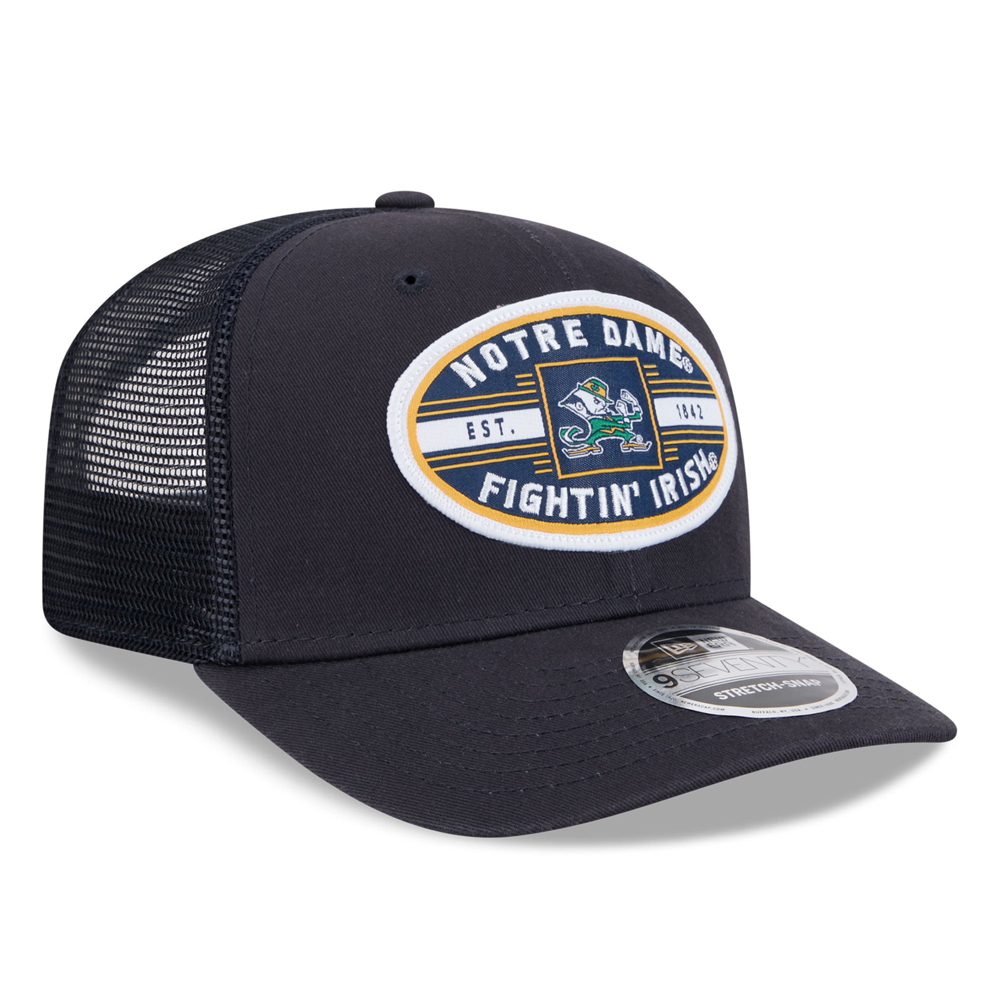 Casquette trucker unisexe New Era bleu marine Notre Dame Fighting Irish à écusson intégré 9SEVENTY