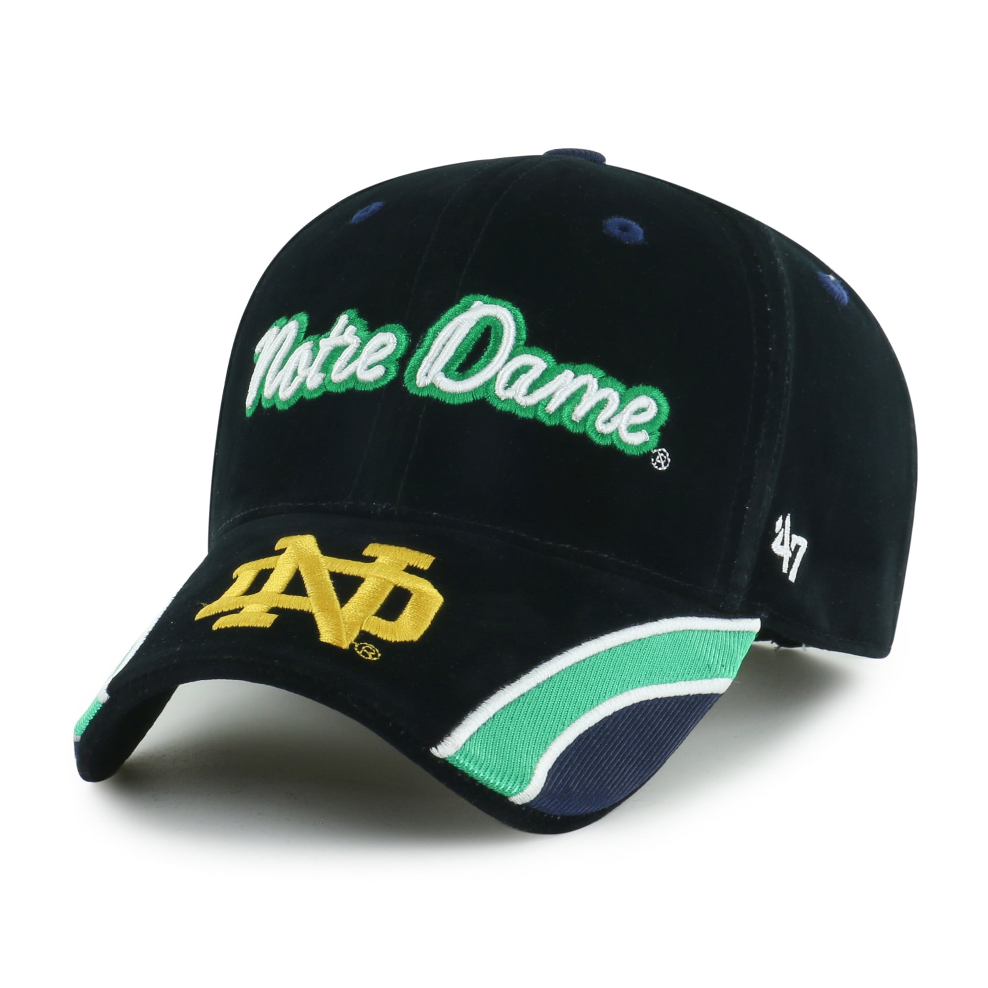 Casquette ajustable pour femme « 47 Black Notre Dame Fighting Irish » en velours denim avec inscription MVP