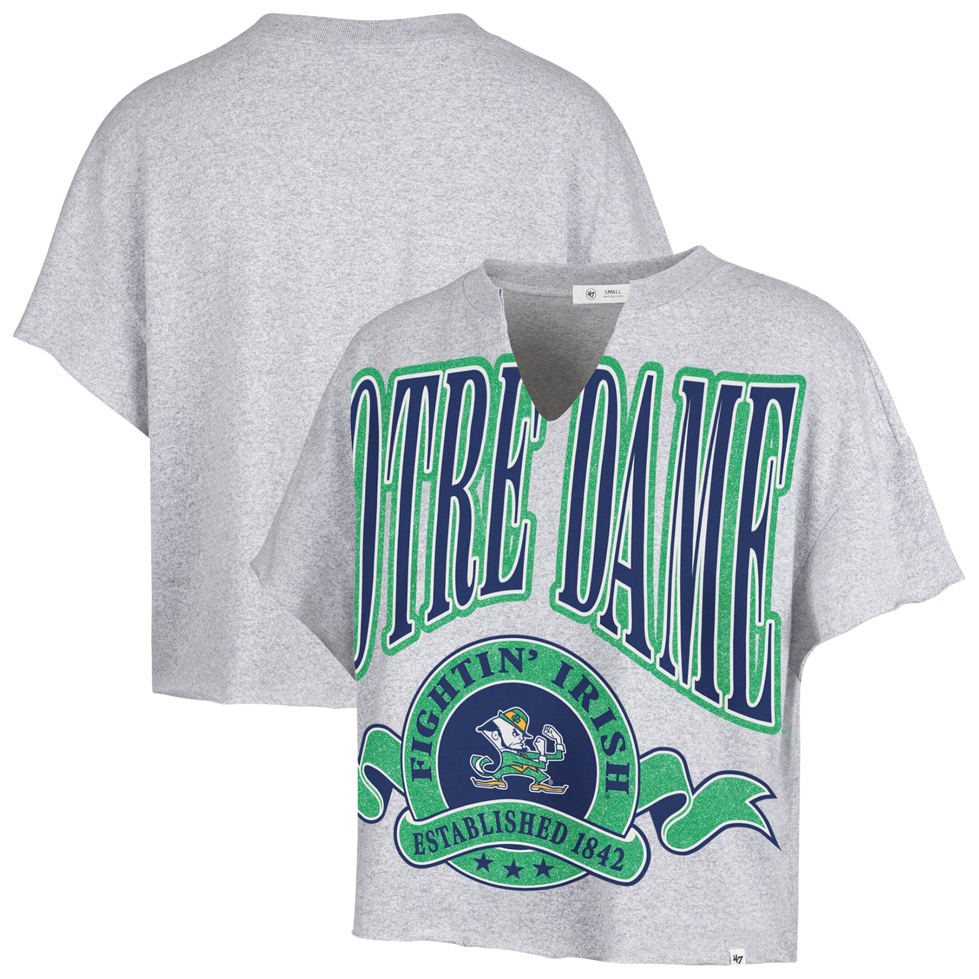 Women's '47  Gray Notre Dame Fighting Irish Banners Out Oversized Notch-Neck T-Shirt