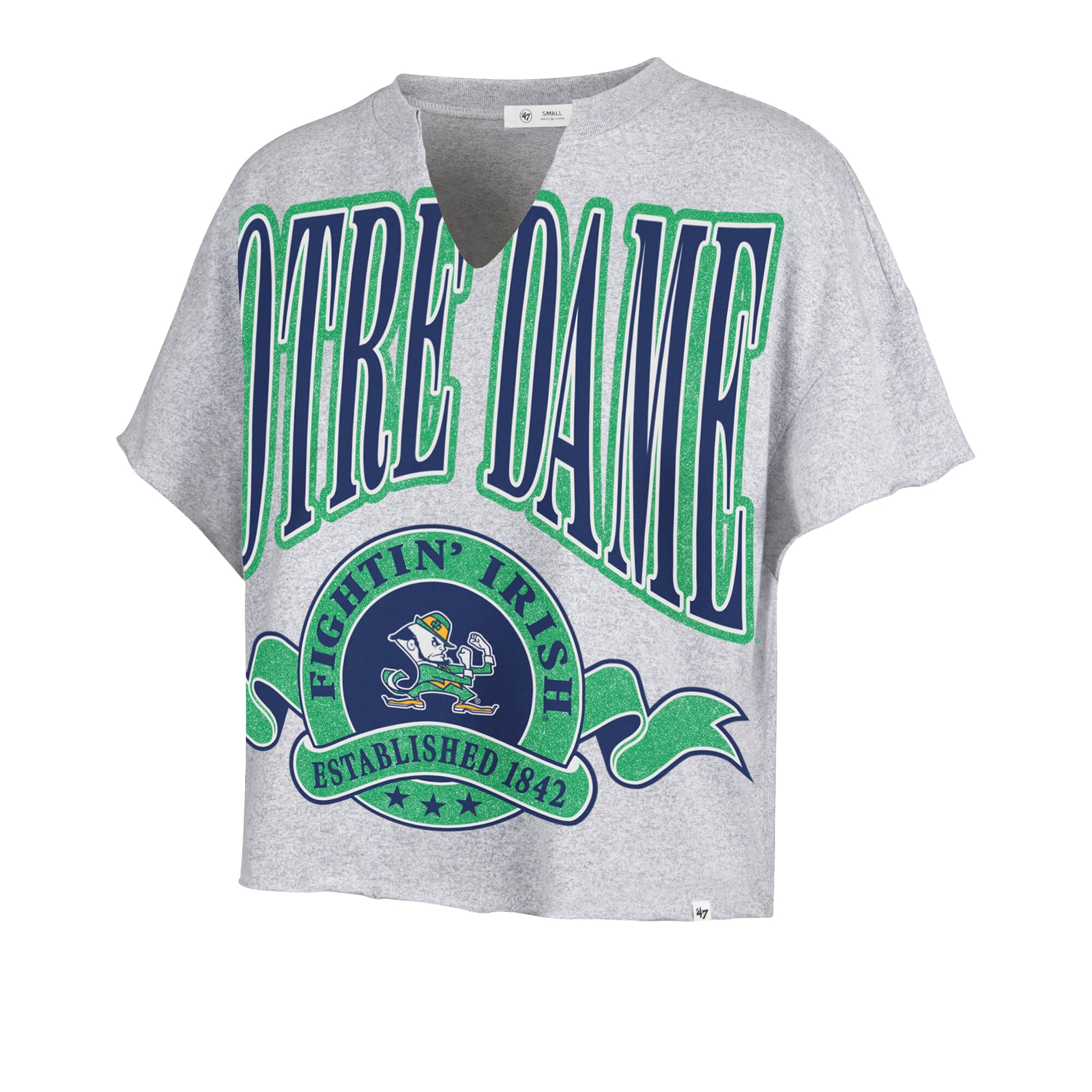Women's '47  Gray Notre Dame Fighting Irish Banners Out Oversized Notch-Neck T-Shirt
