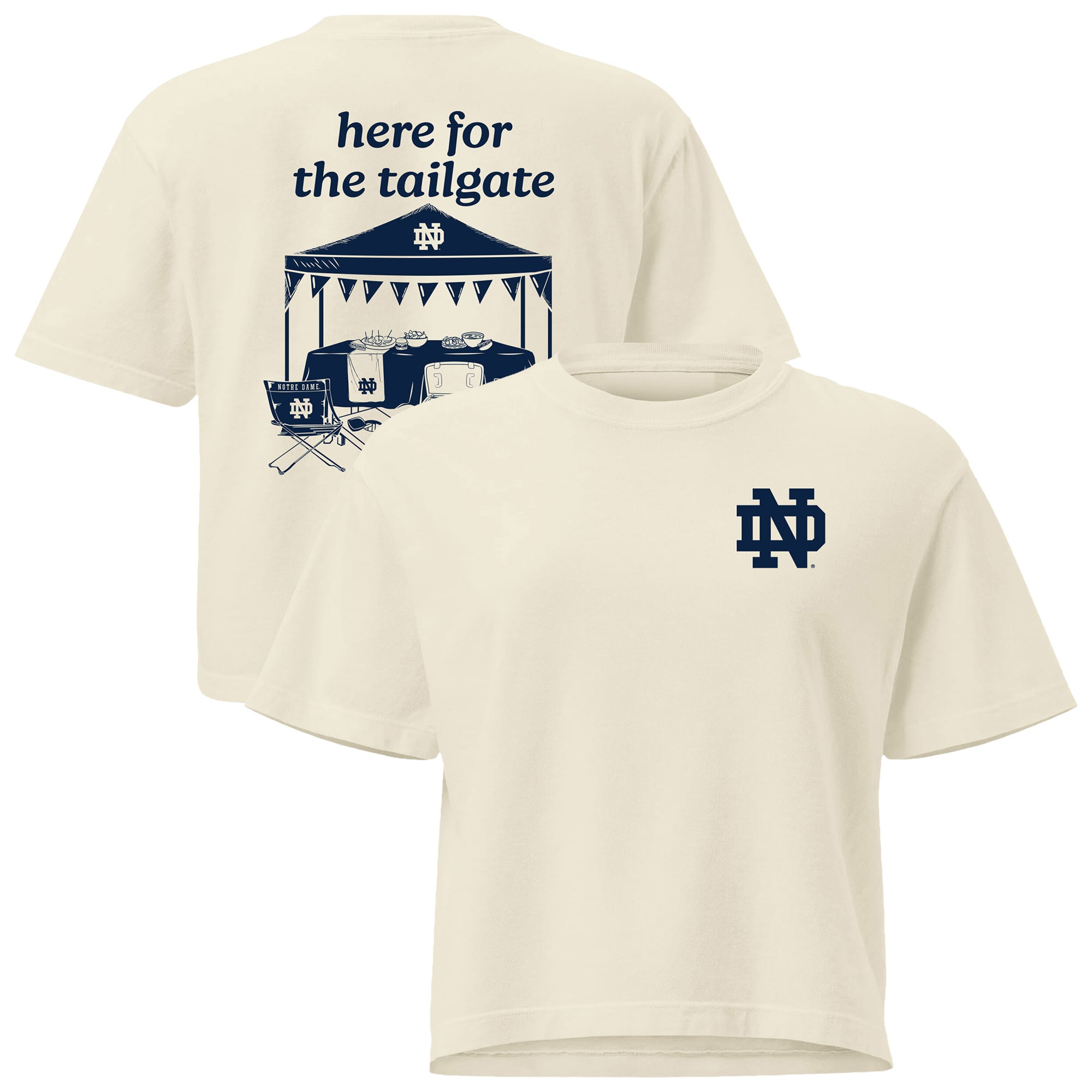 T-shirt court Comfort Colors crème pour femmes, motif Notre Dame Fighting Irish « Here For The Tailgate ».