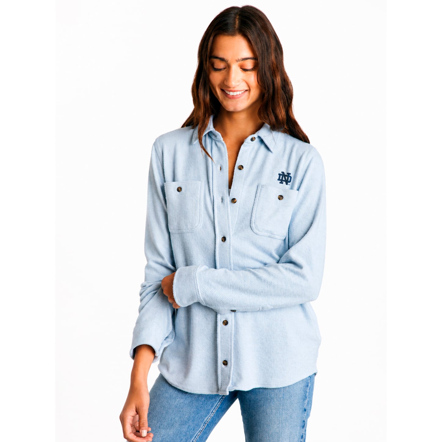 Pull-over à boutons FAHERTY bleu clair pour femme, motif légende des Fighting Irish de Notre Dame